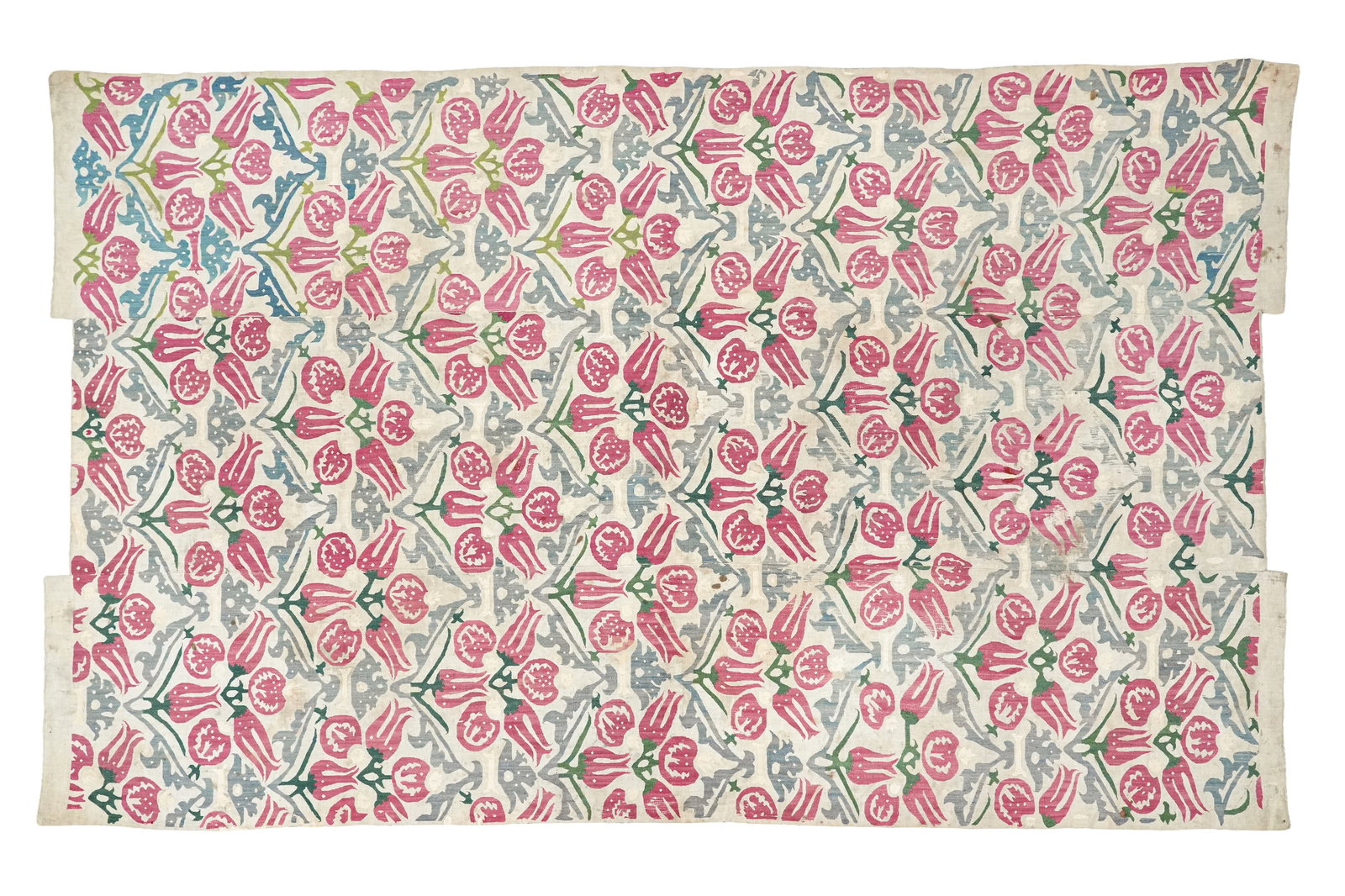 AN OTTOMAN SILK EMBROIDERED PANEL Ottoman Turkey, 17th-18th century: AN OTTOMAN SILK EMBROIDERED PANEL Ottoman Turkey, 17th-18th century AN OTTOMAN SILK EMBROIDERED PANELOttoman Turkey, 17th-18th century A silk and cotton textile embroidered with tulips and pomegranate