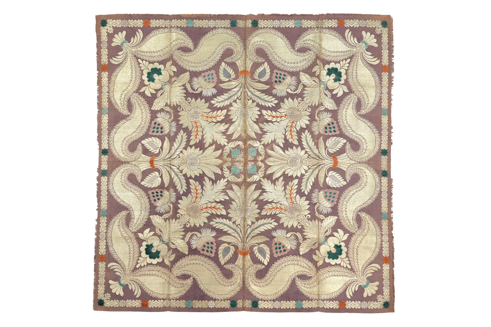 A SQUARE TEXTILE WITH GILDED FLOWERS Probably India, 18h-19th century (1 of 8)