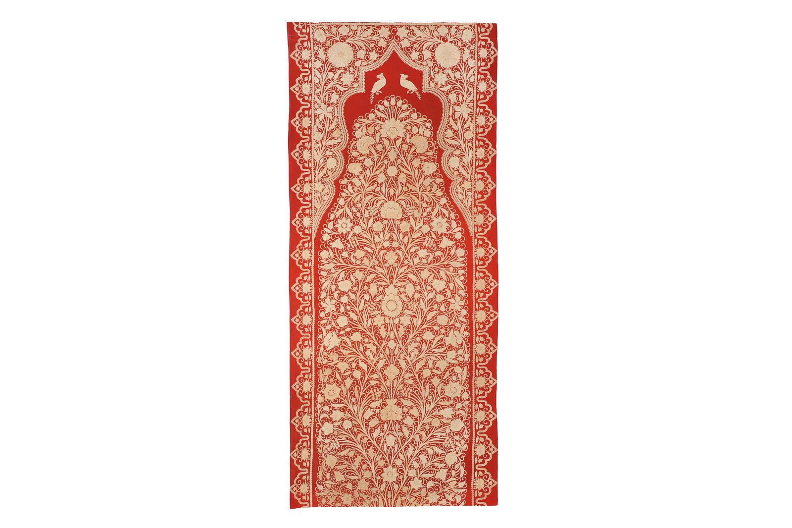 FOUR LARGE MUGHAL-STYLE SILK-EMBROIDERED FELT WOOL PANELS ON A RED GROUND Northern India, 20th: FOUR LARGE MUGHAL-STYLE SILK-EMBROIDERED FELT WOOL PANELS ON A RED GROUND Northern India, 20th century FOUR LARGE MUGHAL-STYLE SILK-EMBROIDERED FELT WOOL PANELS ON A RED GROUNDNorthern India, 20th cen