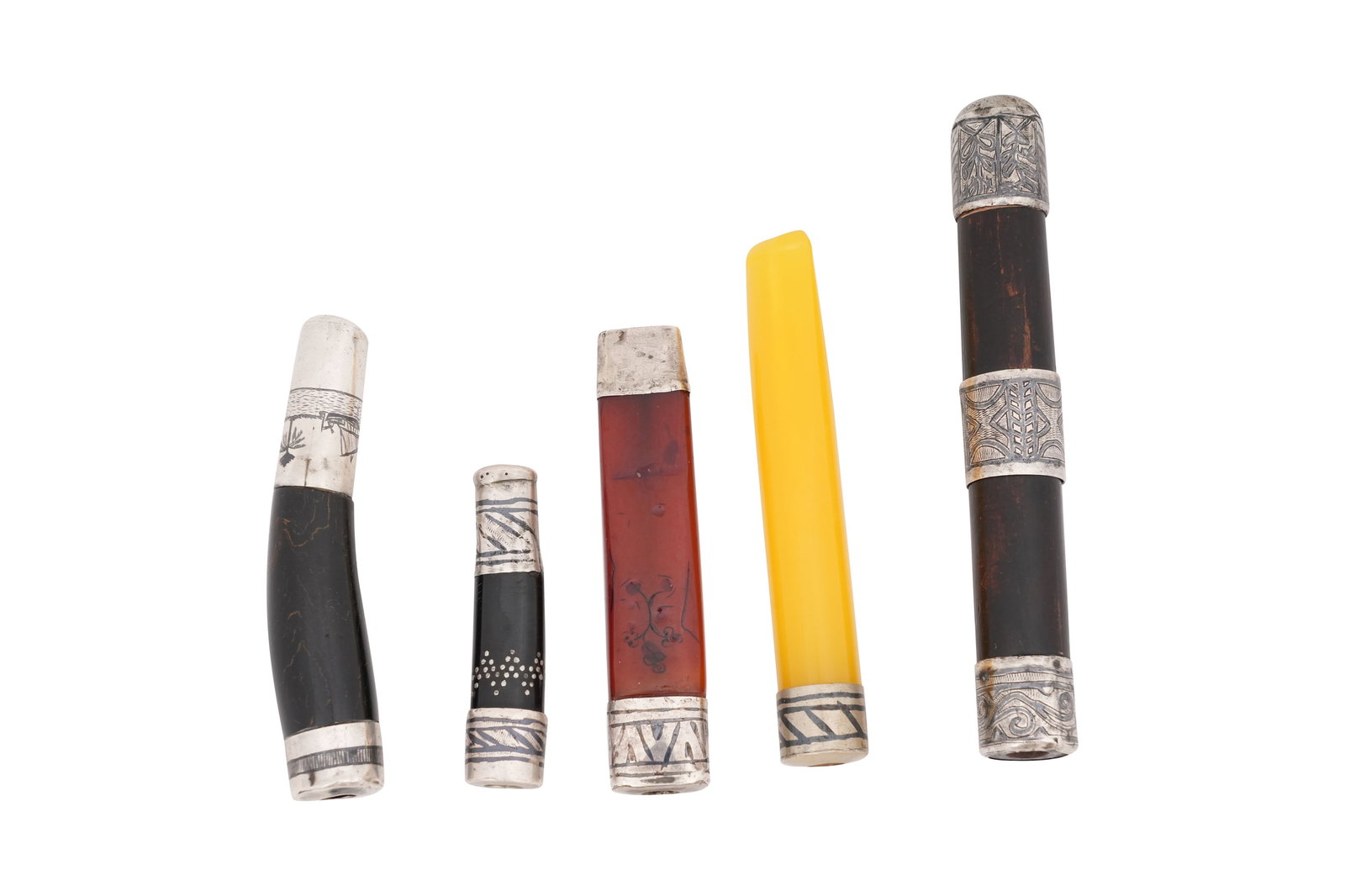 A GROUP OF FIVE WOOD AND AMBER-TYPE MOUTHPIECES Iraq, 19th century (1 of 5)