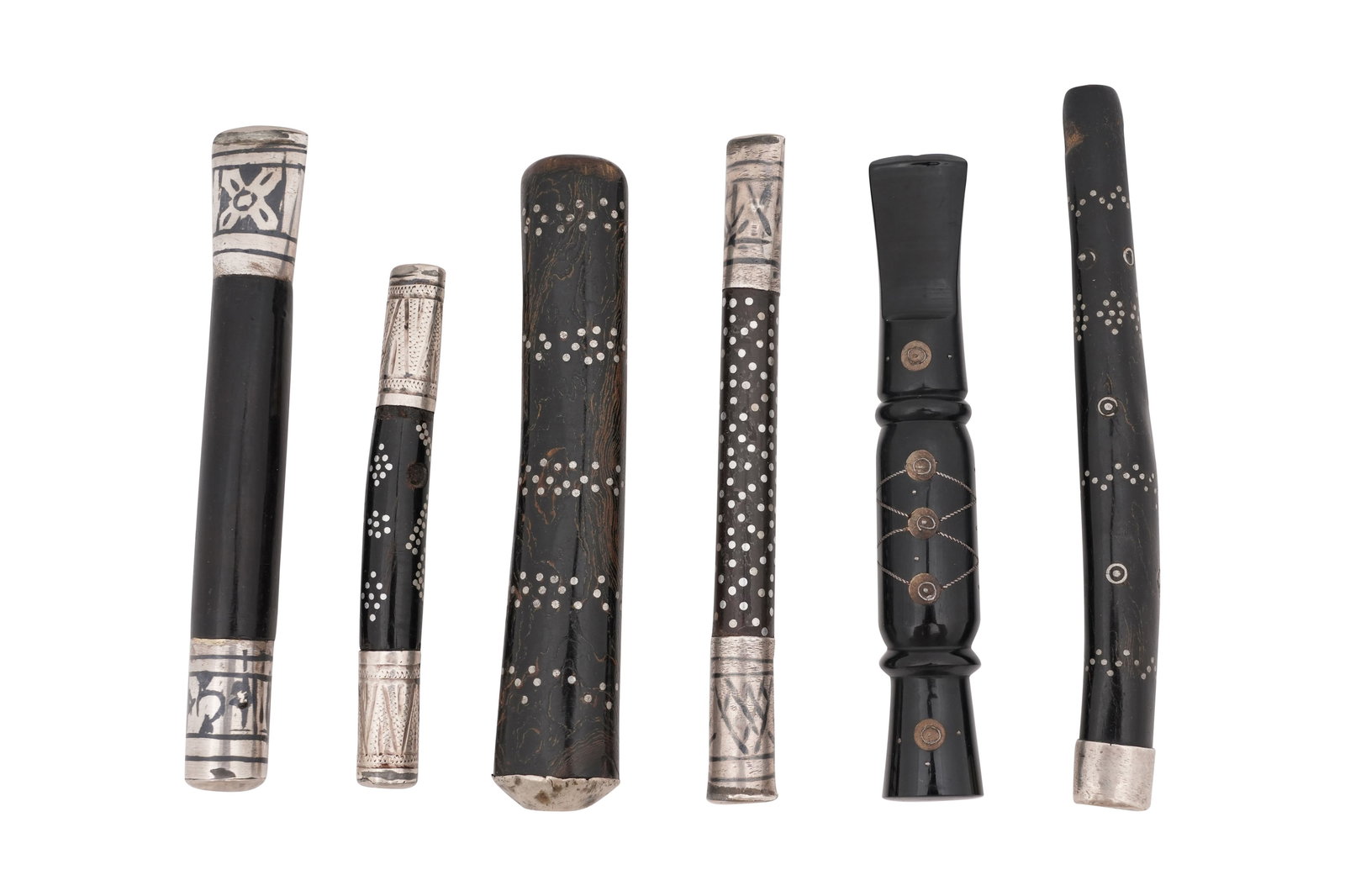 A GROUP OF SIX WOOD AND SILVER NIELLOED DECORATED MOUTHPIECES Ottoman Lands, possibly Iraq, 19th (1 of 3)