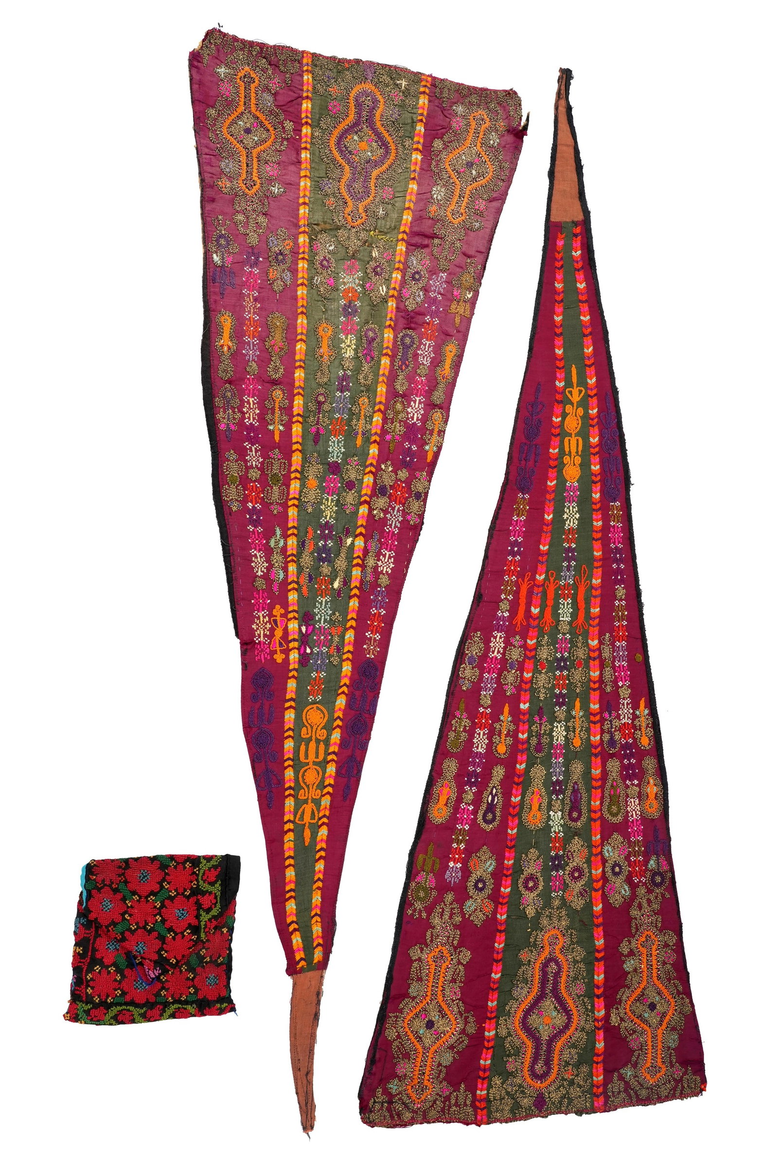 A PAIR OF PALESTINIAN SKIRT SIDE PANELS (BENAYEK) AND TOBACCO POUCH Bethlehem and Hebron, Palestine, (1 of 10)