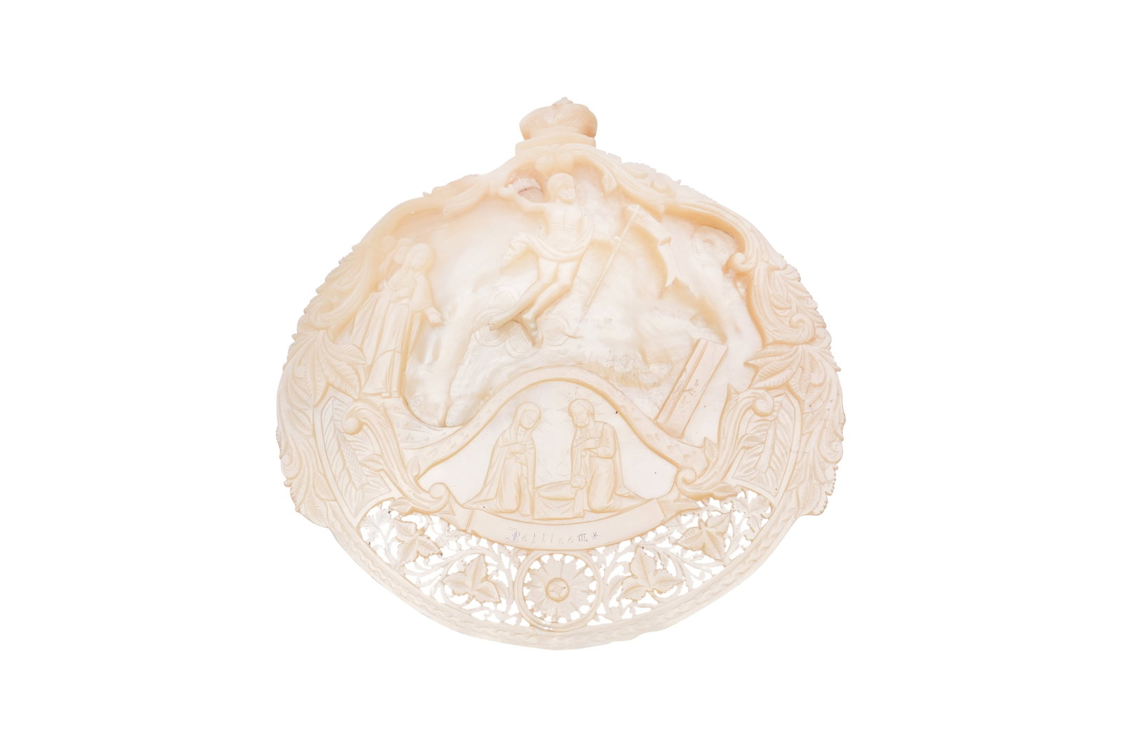 A MOTHER-OF-PEARL BETHLEHEM SHELL CARVING DEPICTING THE ASCENSION OF JESUS Bethlehem, Palestine, (1 of 3)