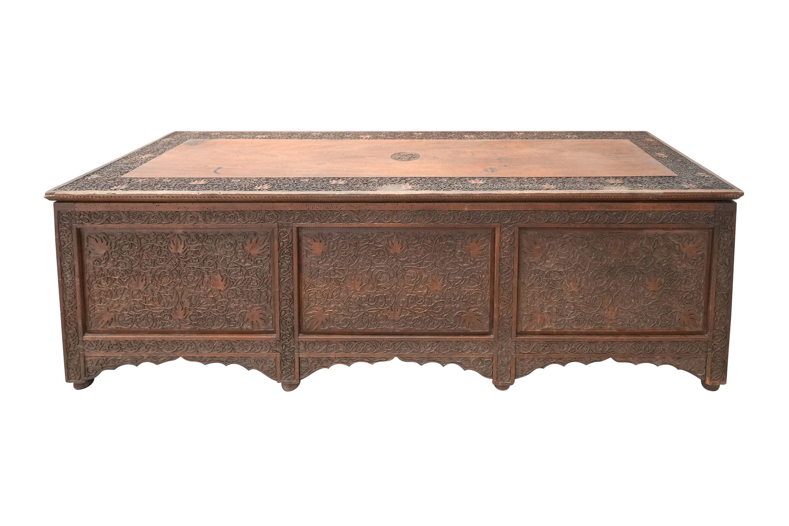 A KASHMIRI CARVED WALNUT WOODEN CHEST Indian subcontinent, Kashmir, dated 1913 AD (1 of 11)