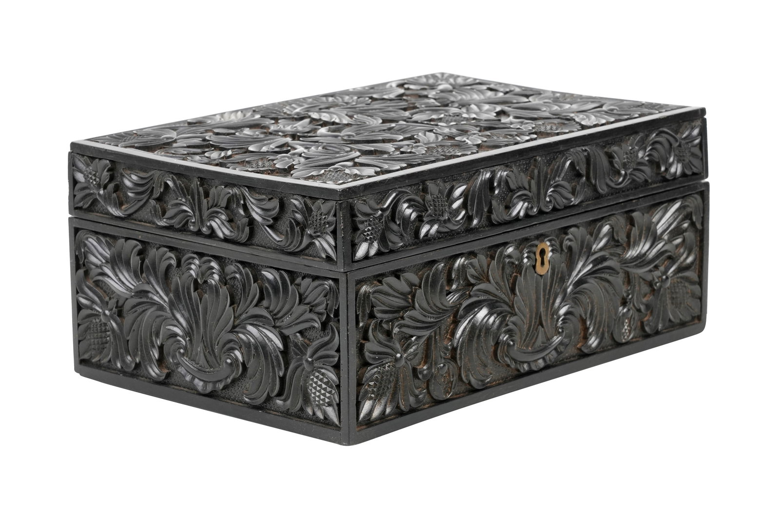 ? A SINHALESE CARVED EBONY LIDDED BOX WITH IVORY-INLAID FLOWER VASE DECORATION Galle District, (1 of 8)