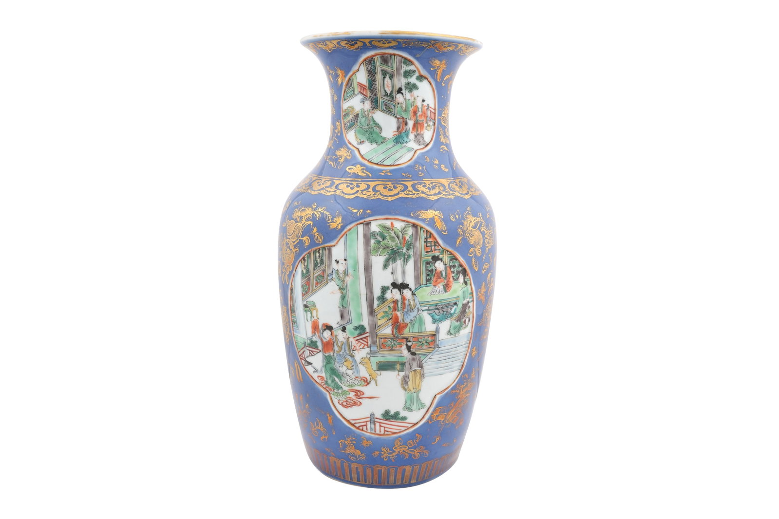 A CHINESE POWDER BLUE-GROUND FAMILLE ROSE VASE 19th century (1 of 6)