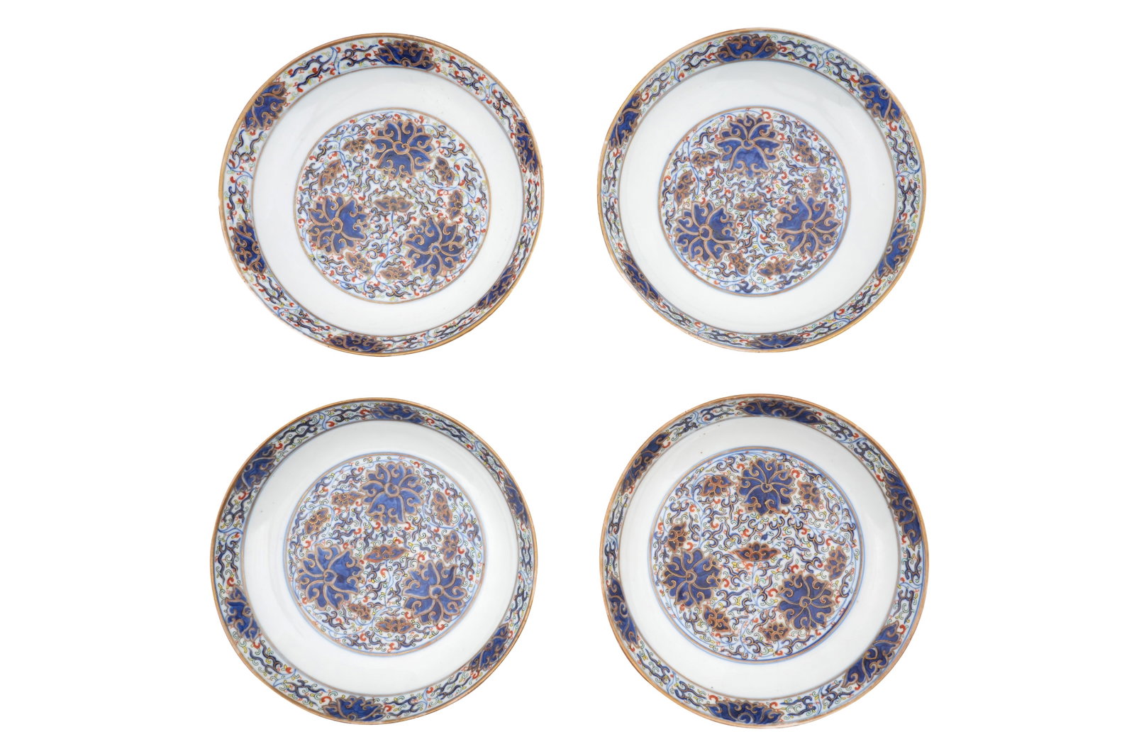 FOUR CHINESE ENAMELLED 'LOTUS' DISHES Six character Guagxu mark and of the period: FOUR CHINESE ENAMELLED 'LOTUS' DISHES Six character Guagxu mark and of the period Each of rounded form, painted in underglaze blue and colourful enamels heightened with gilt, with a central roundel of