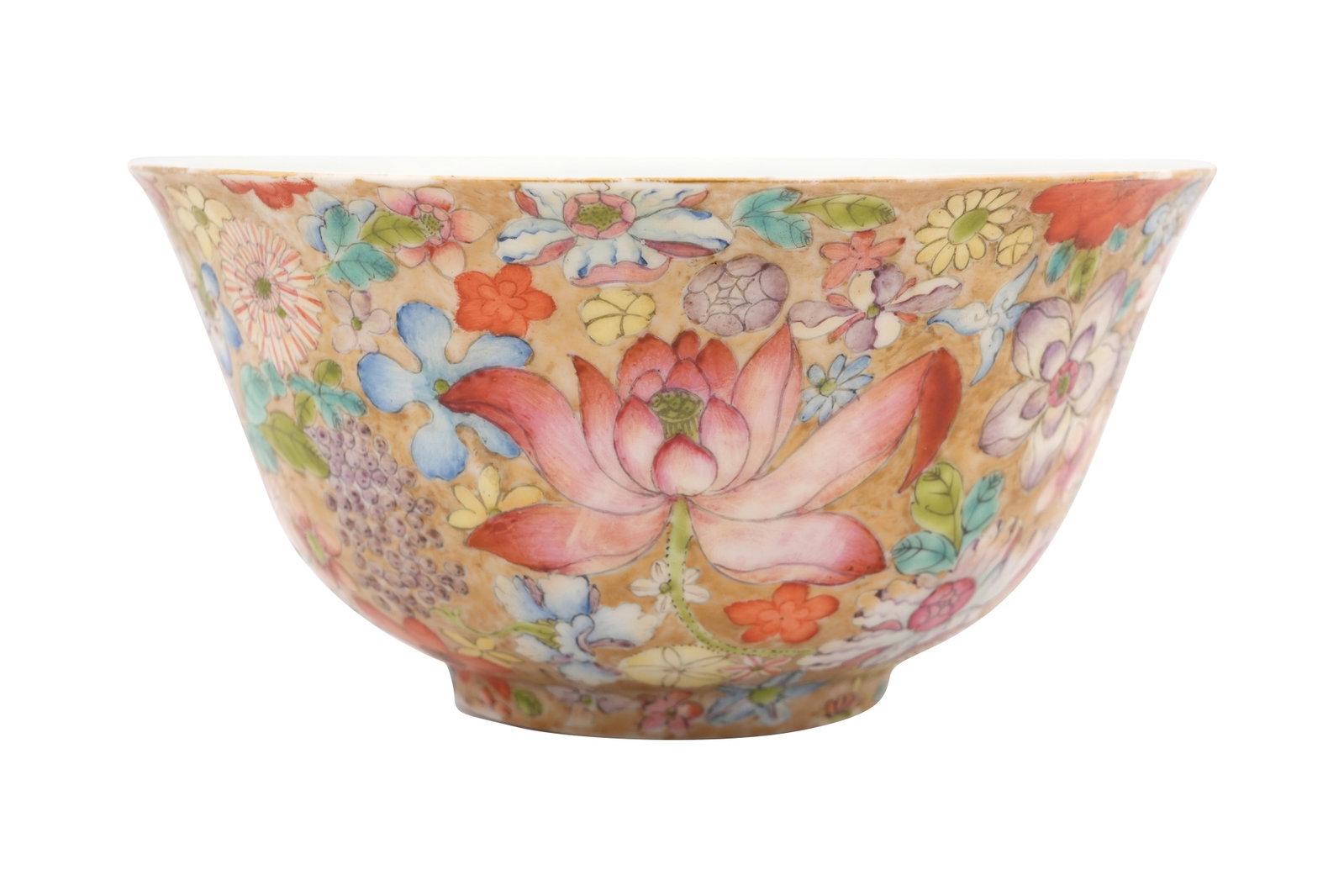 A CHINESE FAMILLE ROSE 'MILLEFLEURS' BOWL Six-character Qianlong mark but probably 19th century (1 of 6)