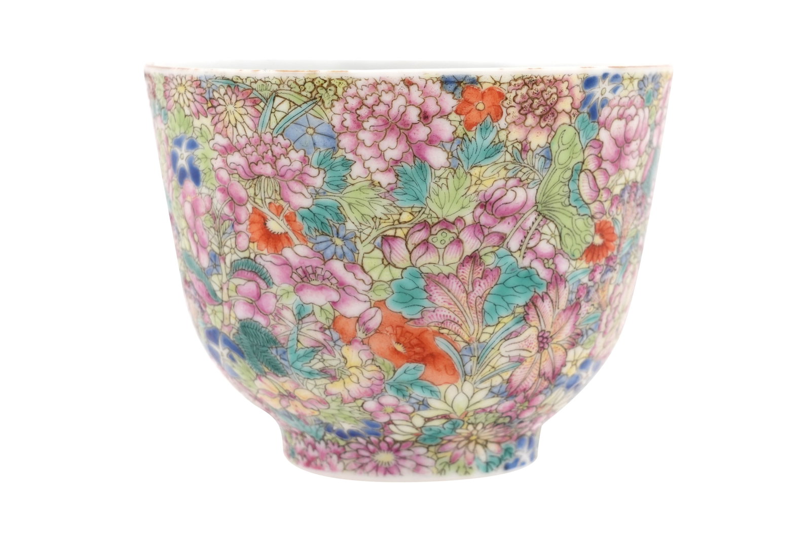 A CHINESE FAMILLE ROSE ’MILLEFLEURS’ CUP Six-character Jiaqing mark but probably republic period (1 of 5)