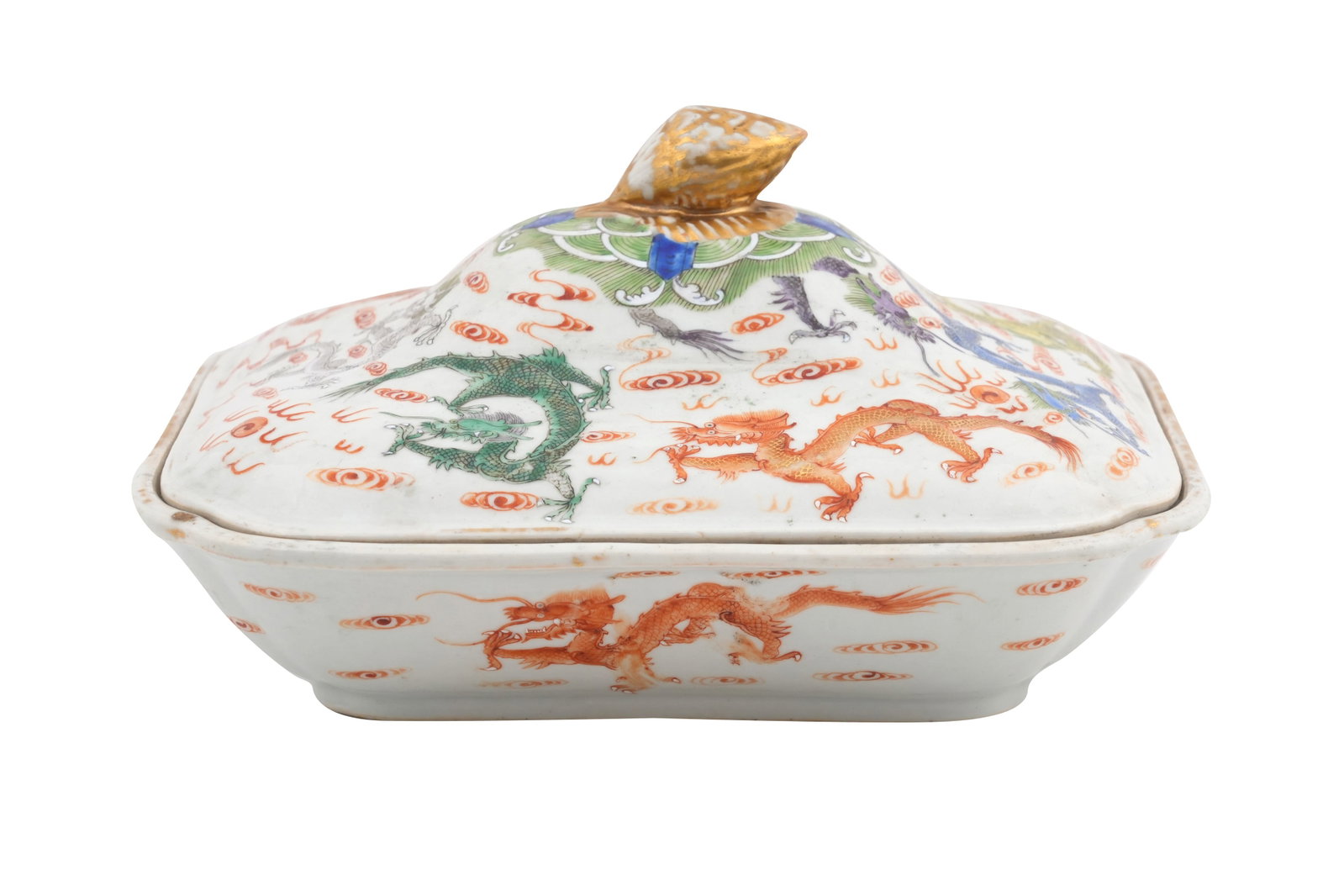A CHINESE FAMILLE VERTE 'NINE DRAGONS' BOWL AND COVER Qing dynasty, 19th century: A CHINESE FAMILLE VERTE 'NINE DRAGONS' BOWL AND COVER Qing dynasty, 19th century The rectangular body decorated to the interior in vivid enamels with nine colourful dragons frolicking among smoke and 
