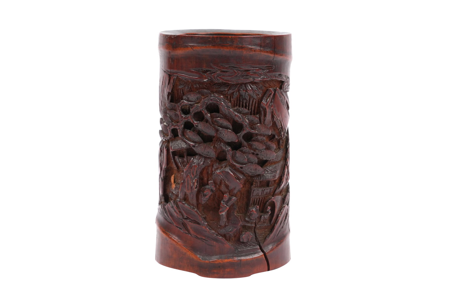 A CHINESE BAMBOO BRUSHPOT, BITONG Qing dynasty: A CHINESE BAMBOO BRUSHPOT, BITONG Qing dynasty With a cylindrical body carved in high relief with figures in a mountainous landscape to one side, inscribed with a short poem to the reverse 14cm