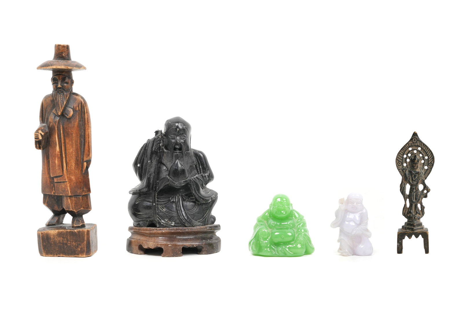 A GROUP OF FIVE CHINESE FIGURES 19th and 20th century: A GROUP OF FIVE CHINESE FIGURES 19th and 20th century Comprising a bronze figure of a Bodhisattva, possibly Korean, a standing wood figure, a soapstone figure of a seated Immortal on an integral stand