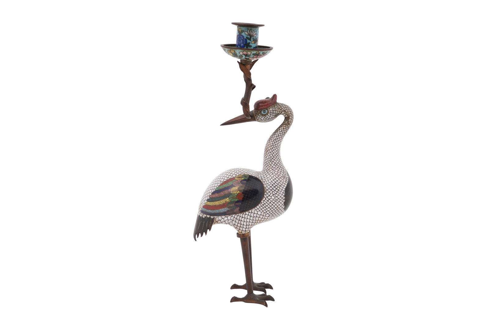 A CHINESE CLOISONNÉ 'CRANE' CANDLE HOLDER Qing dynasty, 19th century: " A CHINESE CLOISONNÉ 'CRANE' CANDLE HOLDER Qing dynasty, 19th century The crane standing firmly on long legs, turning his head to the back, holding a sinuous twig in its beak terminating with a scon
