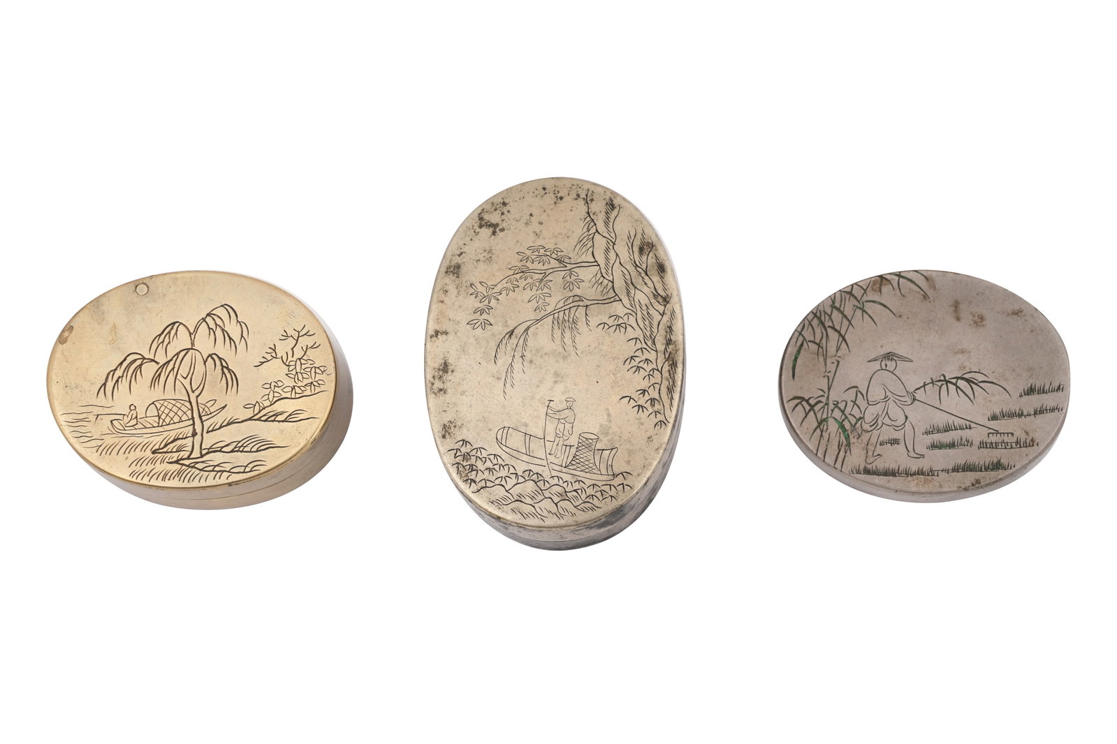 TWO CHINESE OVAL BRASS FLINT BOXES AND COVERS AND ONE COVER Early 20th century (1 of 4)
