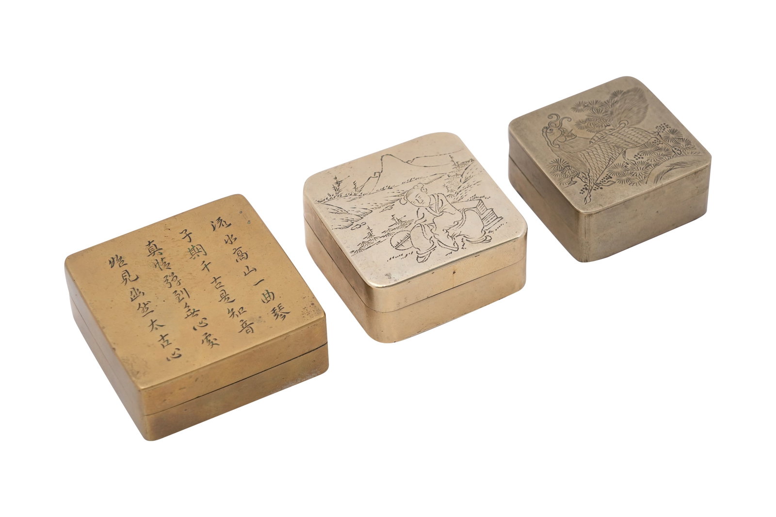 THREE CHINESE BRASS SQUARE FLINT BOXES AND COVERS Late Qing dynasty (1 of 5)