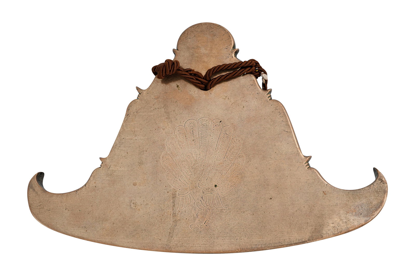 A BURMESE BRONZE KYEEZEE BELL-SPIN GONG Burma (Myanmar), 19th - early 20th century: A BURMESE BRONZE KYEEZEE BELL-SPIN GONG Burma (Myanmar), 19th - early 20th century Cast bronze in the shape of a stupa, or evoking the outline of a seated meditating Buddha. One side is engraved with 