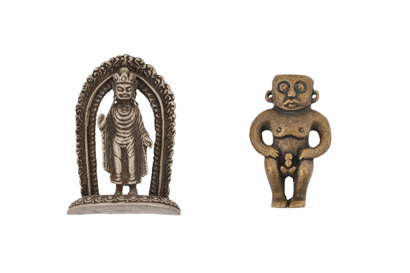 A TIBETAN PENDANT AND A POSSIBLY THAI MINIATURE BRONZE FIGURE OF A BODHISATTVA 20th century: A TIBETAN PENDANT AND A POSSIBLY THAI MINIATURE BRONZE FIGURE OF A BODHISATTVA 20th century