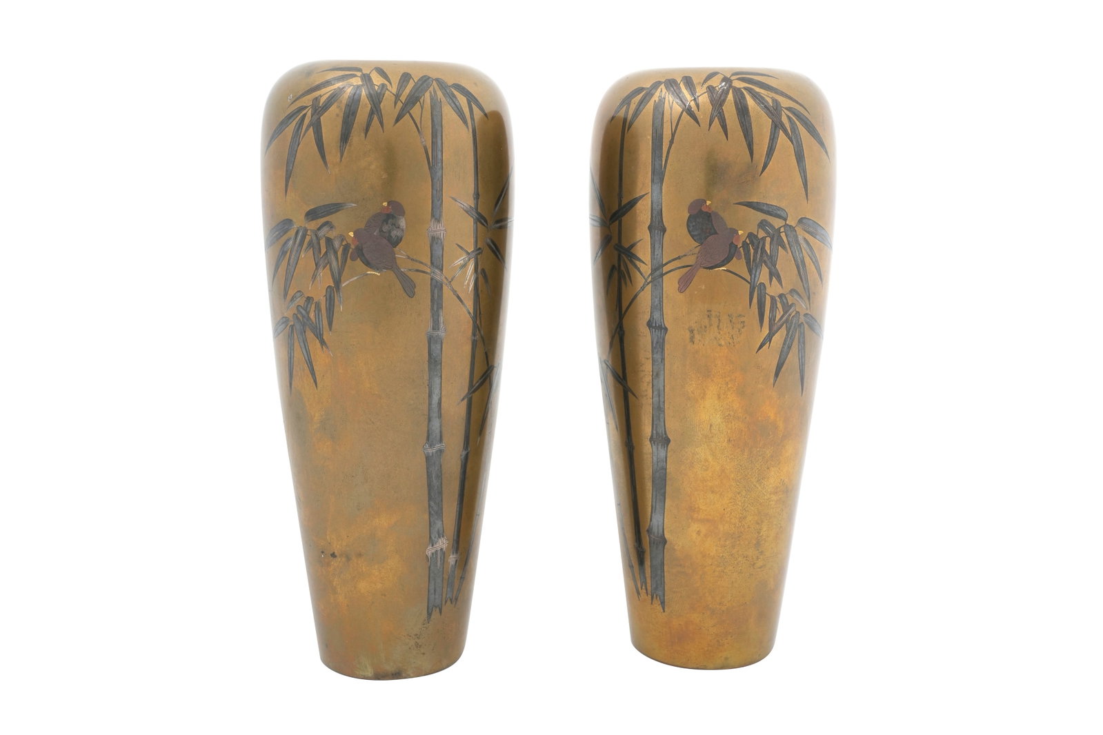 A PAIR OF JAPANESE INLAID BRONZE VASES Meiji period: A PAIR OF JAPANESE INLAID BRONZE VASES Meiji period Each with a tapared body and a rounded shoulder, inlaid in copper and silver with a design of sparrows on a bamboo, each with a kao mark to the side