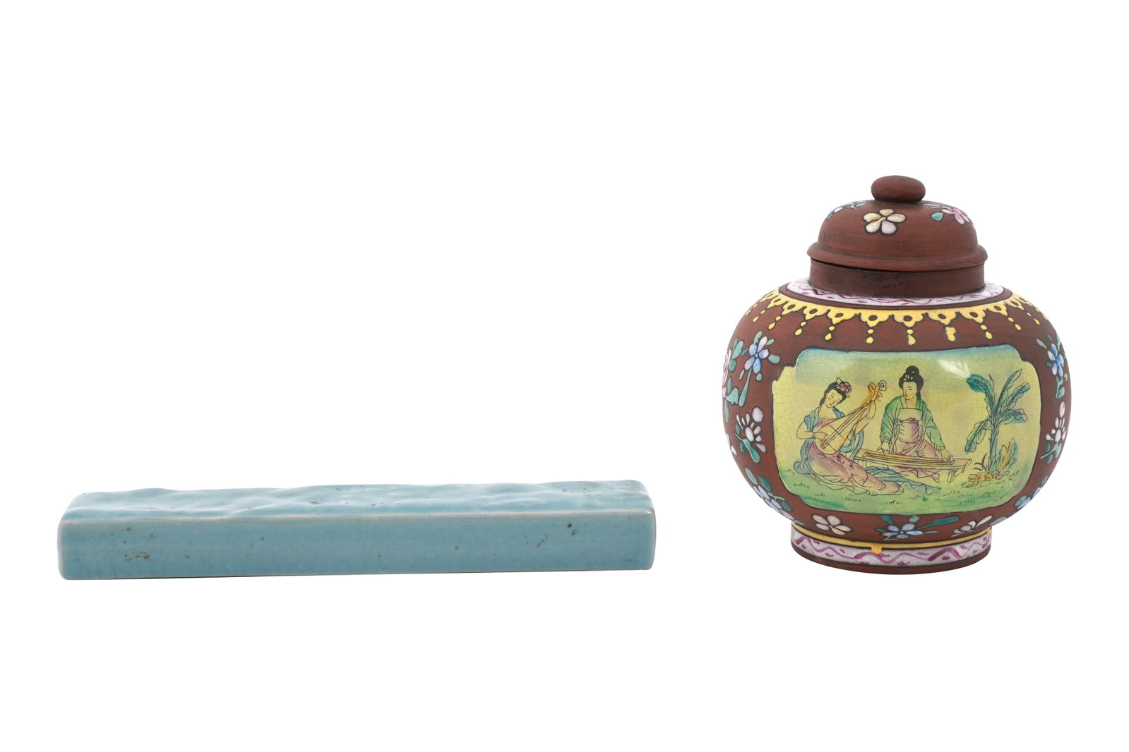 A CHINESE YIXING ZISHA TEA CADDY AND A PAPERWEIGHT 20th century (1 of 8)
