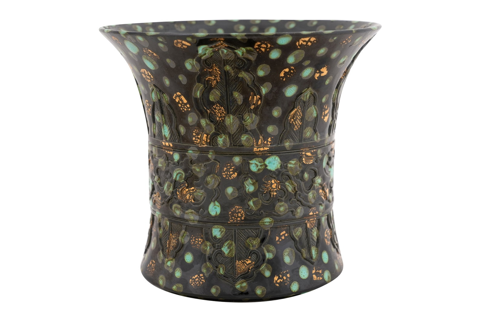 A CHINESE BLACK AND GOLD WASH BRUSHPOT, BITONG 20th century: A CHINESE BLACK AND GOLD WASH BRUSHPOT, BITONG 20th century The waisted body with a central band moulded with archaistic dragons and two rows of stylised banana leaves extending to the upper and lower