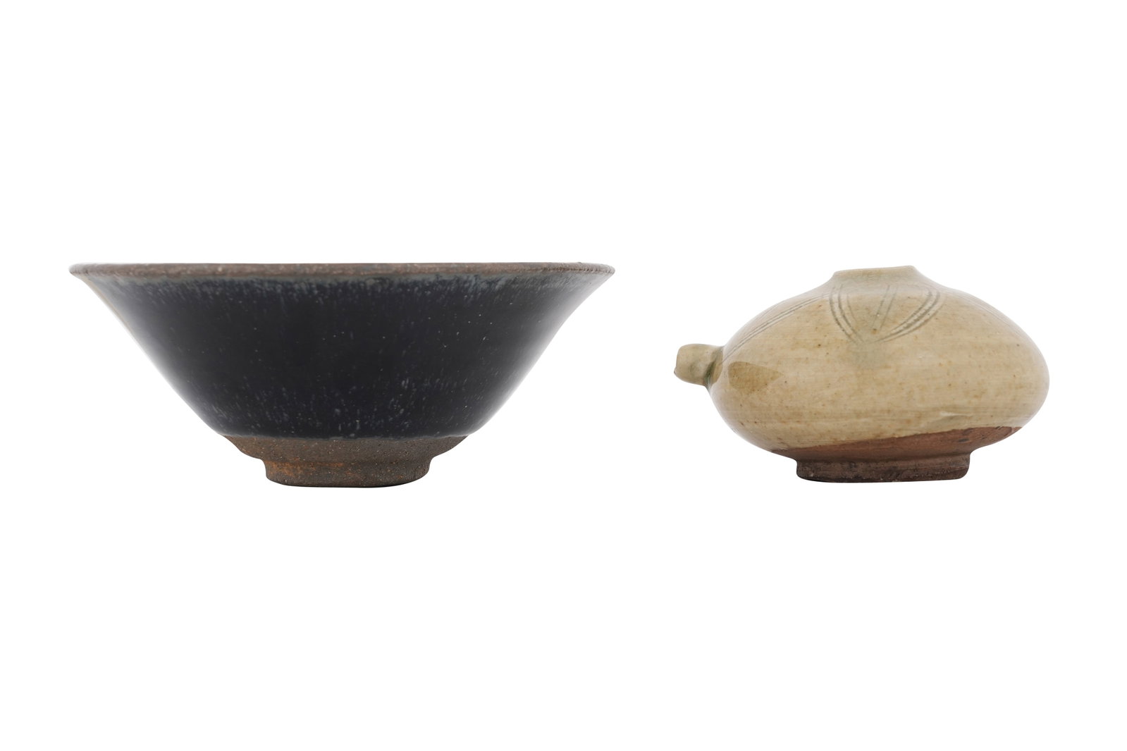 A CHINESE BLACK-GLAZED CUP AND A CELADON-GLAZED WATER DROPPER 20th century (1 of 6)