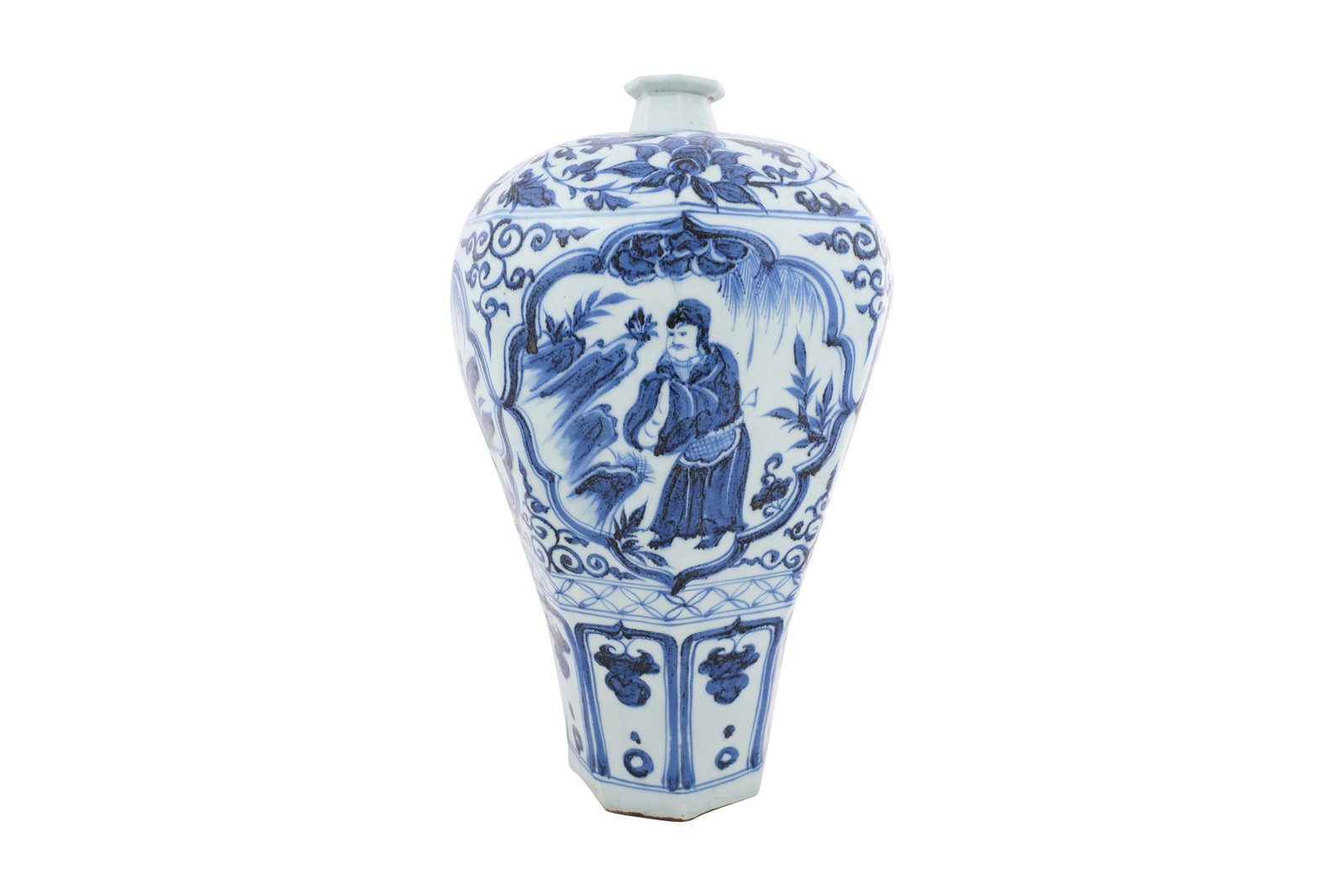A LARGE CHINESE BLUE AND WHITE YUAN-STYLE VASE, MEIPING 20th century: A LARGE CHINESE BLUE AND WHITE YUAN-STYLE VASE, MEIPING 20th century The robust tapered body rising from an octagonal foot with a border of stylised lappets and cash extending to the central section p