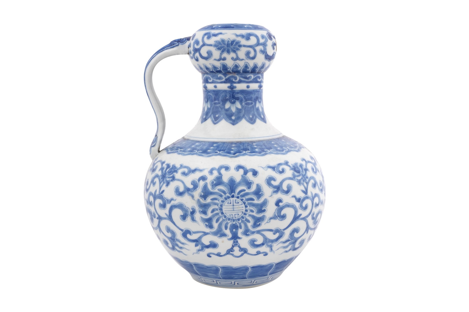A CHINESE BLUE AND WHITE DOUBLE GOURD VASE 20th century: A CHINESE BLUE AND WHITE DOUBLE GOURD VASE 20th century With an ovoid body painted with stylised lotus flowerheads enclosing shou characters between bands of stiff lappets, the waisted neck with ruyi-