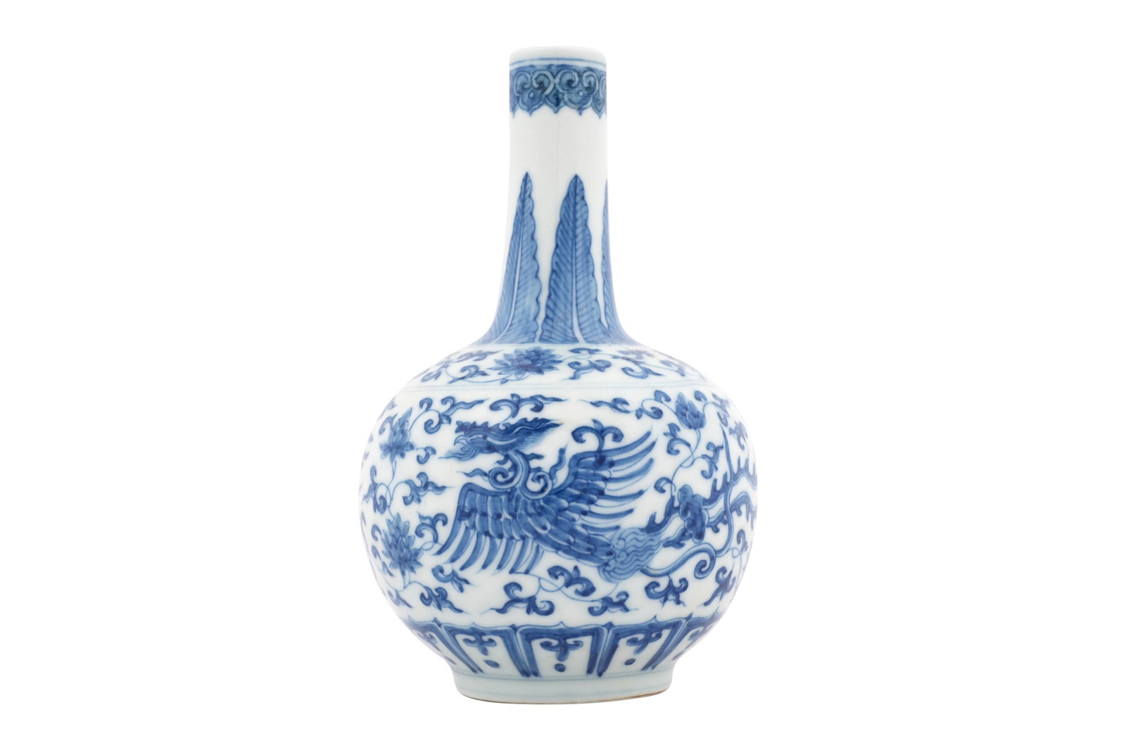 A SMALL CHINESE BLUE AND WHITE 'DRAGON AND PHOENIX' BOTTLE VASE 20th century (1 of 5)