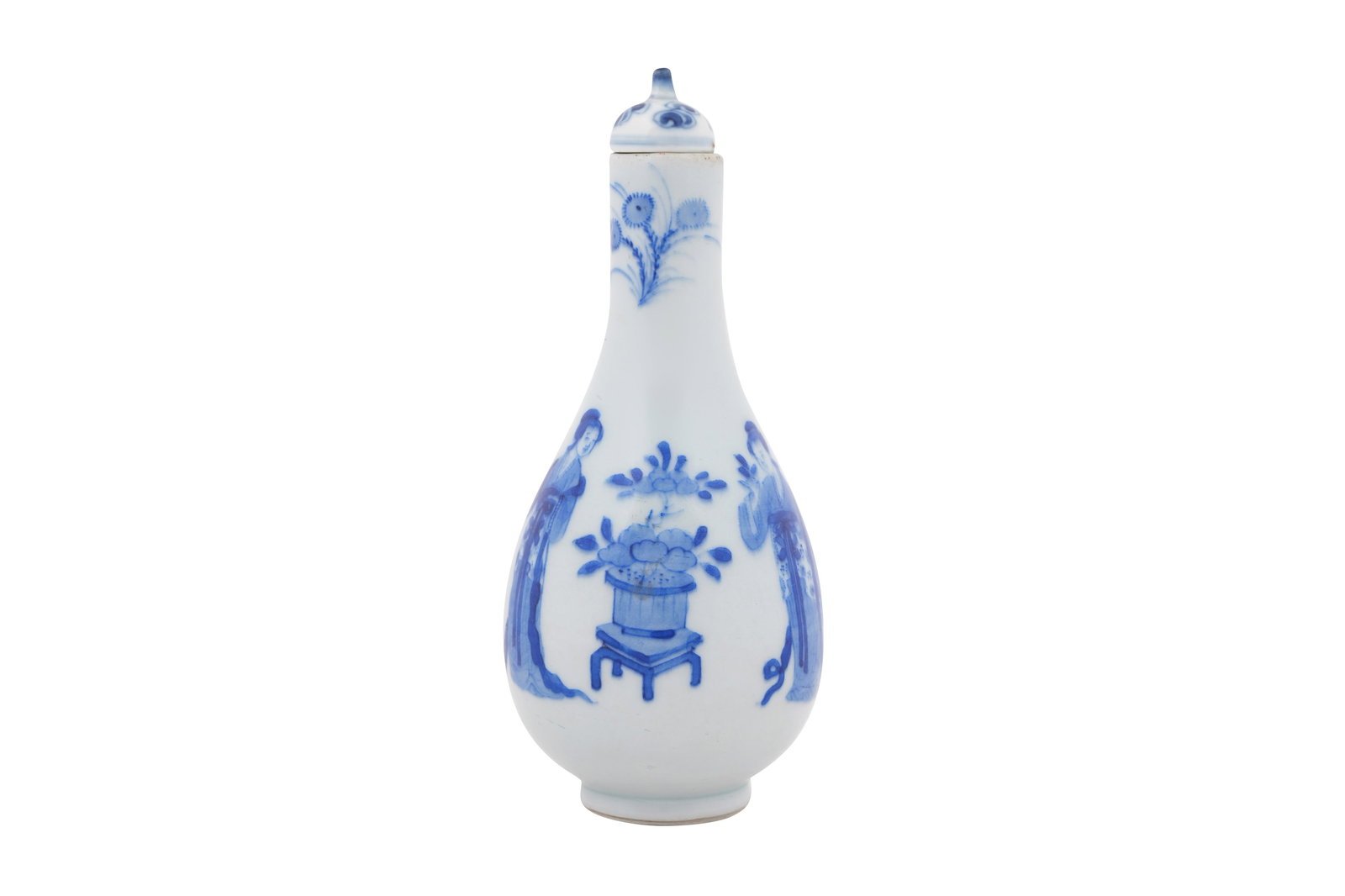 A CHINESE BLUE AND WHITE PEAR-SHAPED VASE AND COVER 20th century (1 of 6)
