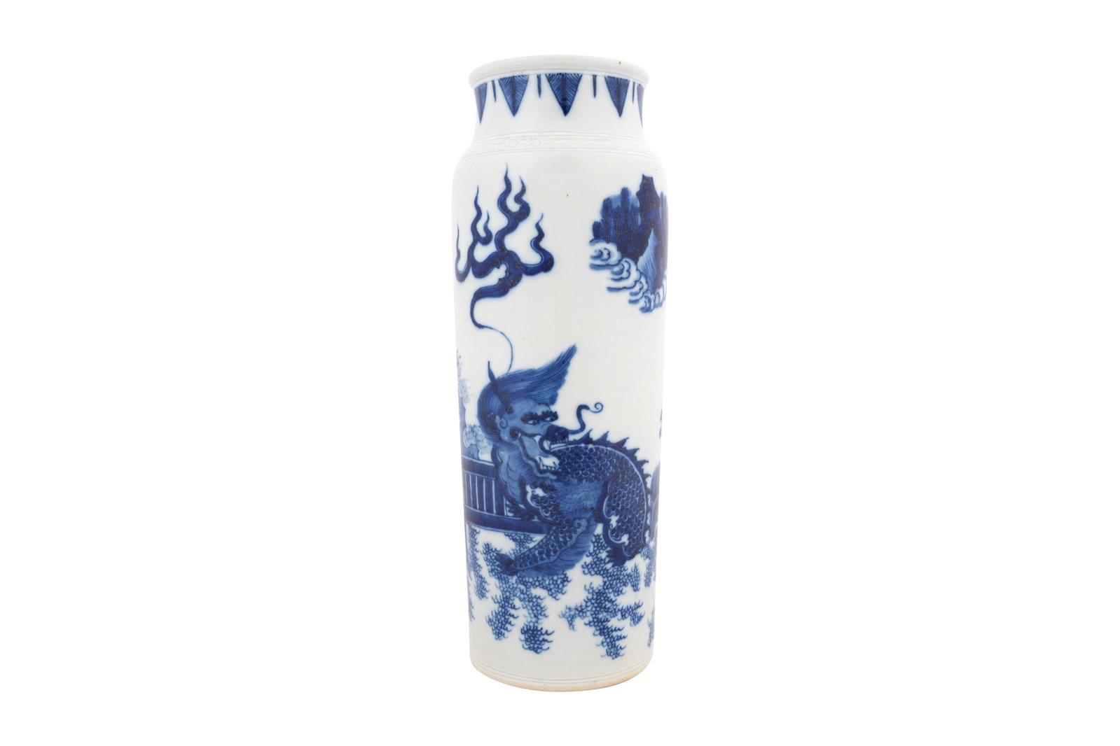 A CHINESE BLUE AND WHITE SLEEVE VASE 20th century: A CHINESE BLUE AND WHITE SLEEVE VASE 20th century In transitional style, with a cylindrical body painted with a qilin and a phoenix in a fenced garden, the waiseted neck decorated with a row of lappet