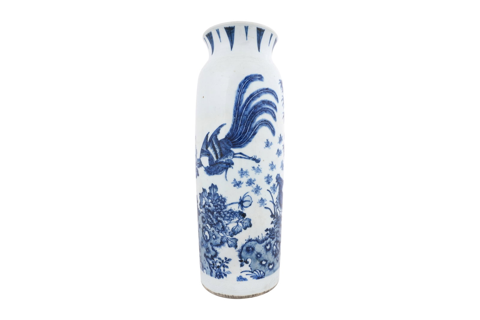 A LARGE CHINESE BLUE AND WHITE SLEEVE VASE Circa 1900: A LARGE CHINESE BLUE AND WHITE SLEEVE VASE Circa 1900 With a cylindrical body painted with a pair of mythical birds among bamboo and rockery between two blind bands of chevrons, the waisted neck with 
