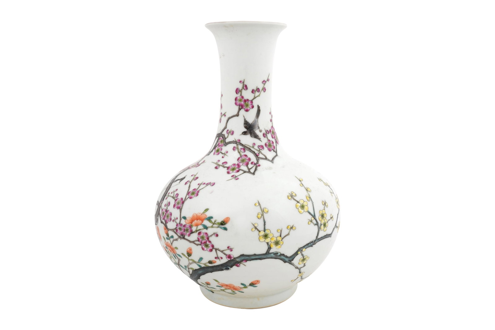 A CHINESE FAMILLE ROSE 'BIRDS AND PRUNUS' BOTTLE VASE 20th century (1 of 7)