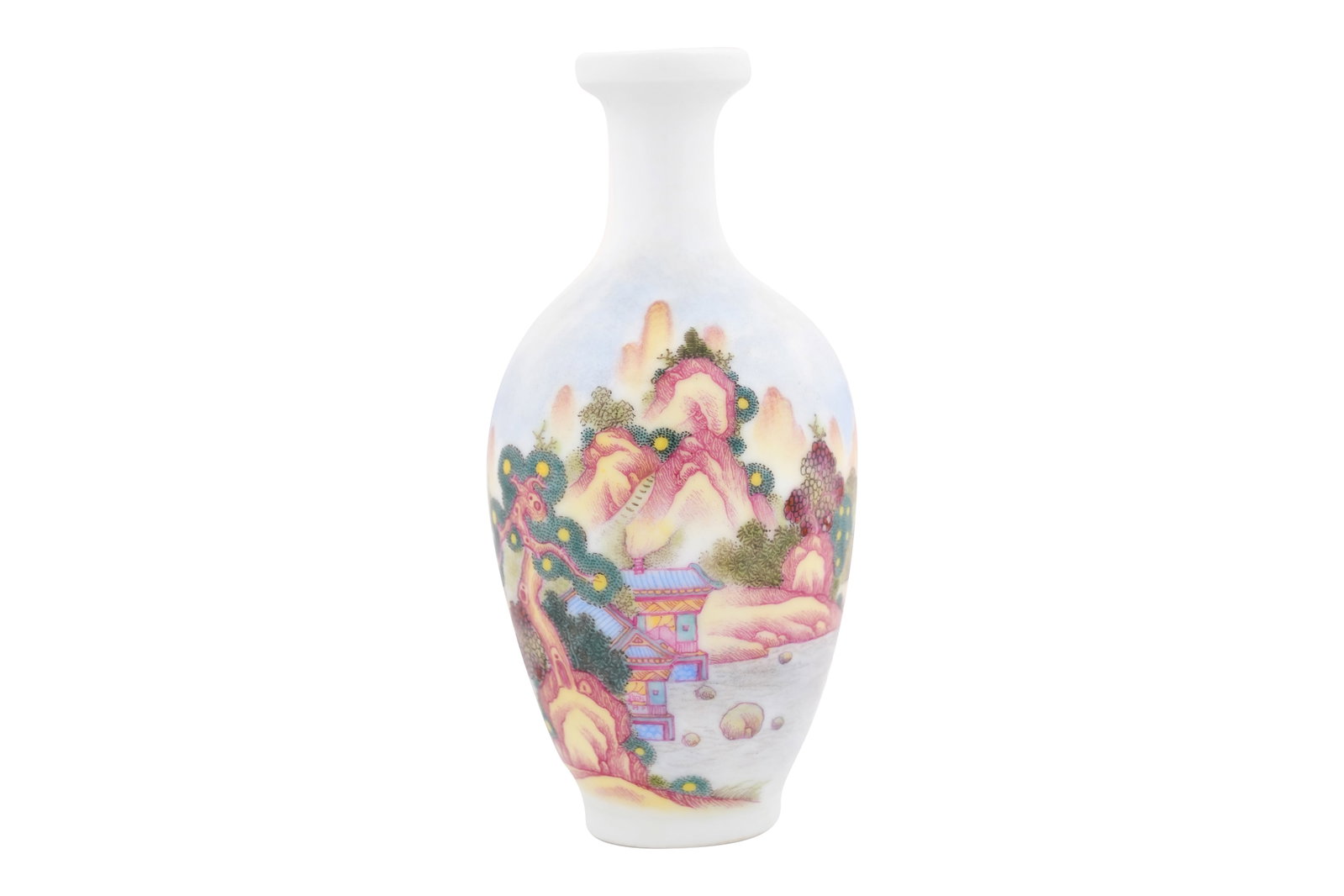 A CHINESE FAMILLE ROSE LANDSCAPE VASE 20th century: A CHINESE FAMILLE ROSE LANDSCAPE VASE 20th century The spindle-shaped body painted with a stylised landscape of pavilions beneath tall mountain peaks, the reverse inscribed and sealed, the slender wai