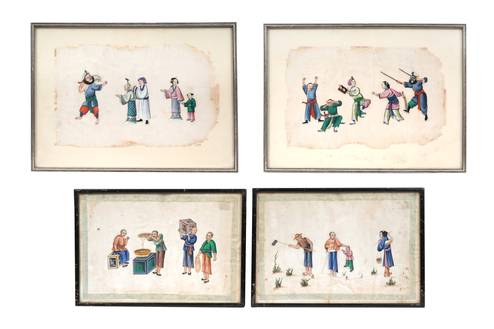 TWO PAIRS OF CHINESE CANTON SCHOOL RICE PAPER PAINTINGS Qing dynasty, 19th century (1 of 7)