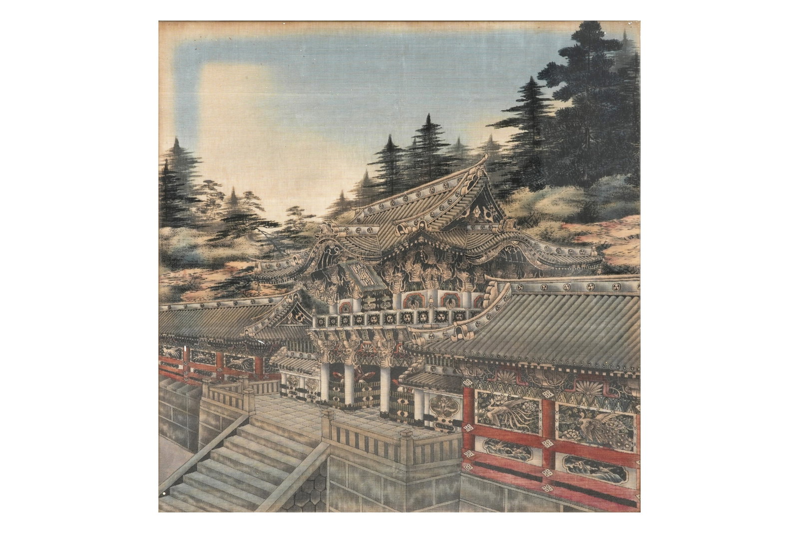A LARGE JAPANESE Y?ZEN-BIRODO CUT VELVET PAINTING Meiji period: A LARGE JAPANESE Y?ZEN-BIRODO CUT VELVET PAINTING Meiji period Depicting the Toshogu Shirne in Nikko, an important sanctuary and a famed tourist attraction granted UNESCO World Heritage Site status, f