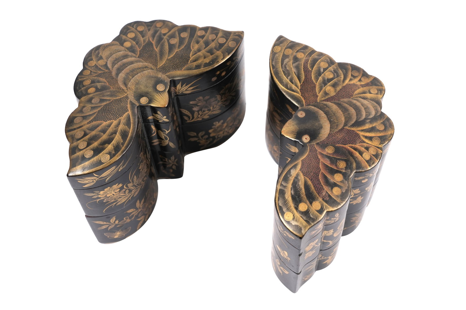 A PAIR OF JAPANESE TWO-TIER 'BAT' LACQUER BOXES AND COVERS Meiji period: A PAIR OF JAPANESE TWO-TIER 'BAT' LACQUER BOXES AND COVERS Meiji period Each formed as the auspicious, winged creature painted to the top of the cover, the sides with sprays of various blossoms and fo