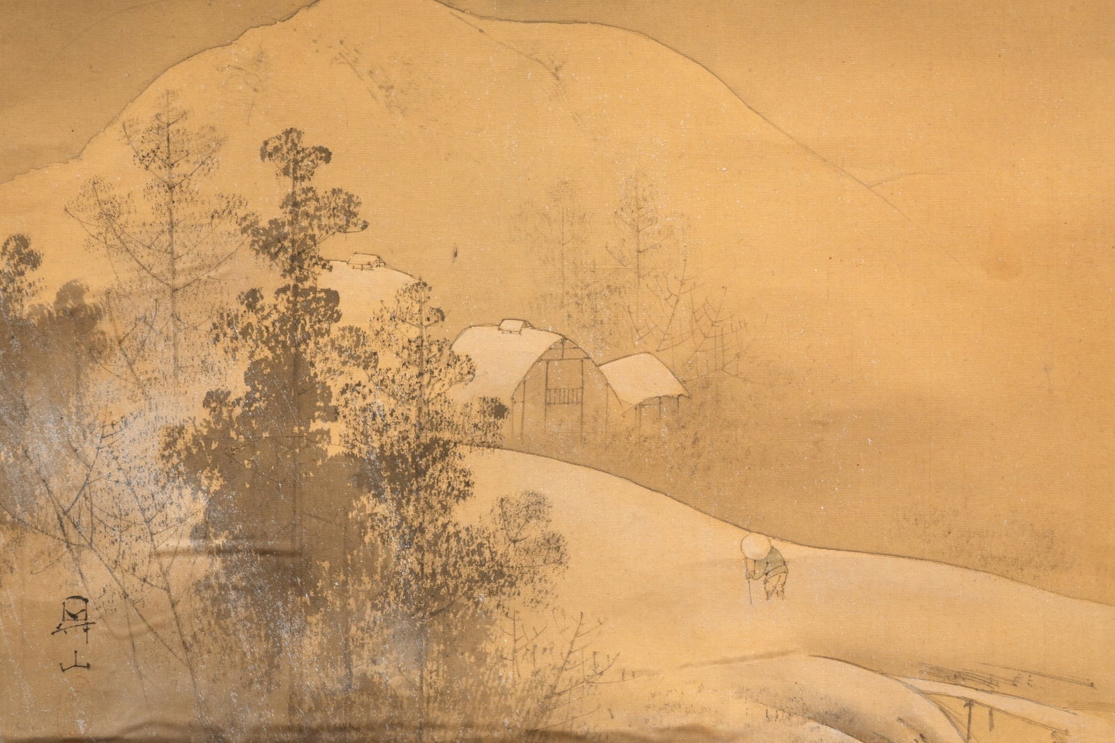 NOBORU IWAI (1871 — 1953) Meiji period: " NOBORU IWAI (1871 — 1953) Meiji period A Japanese hanging scroll painting, kakejiku, ink and colour on silk, depicting a wintery landscape of a mountainous village, signed and sealed to the lower 