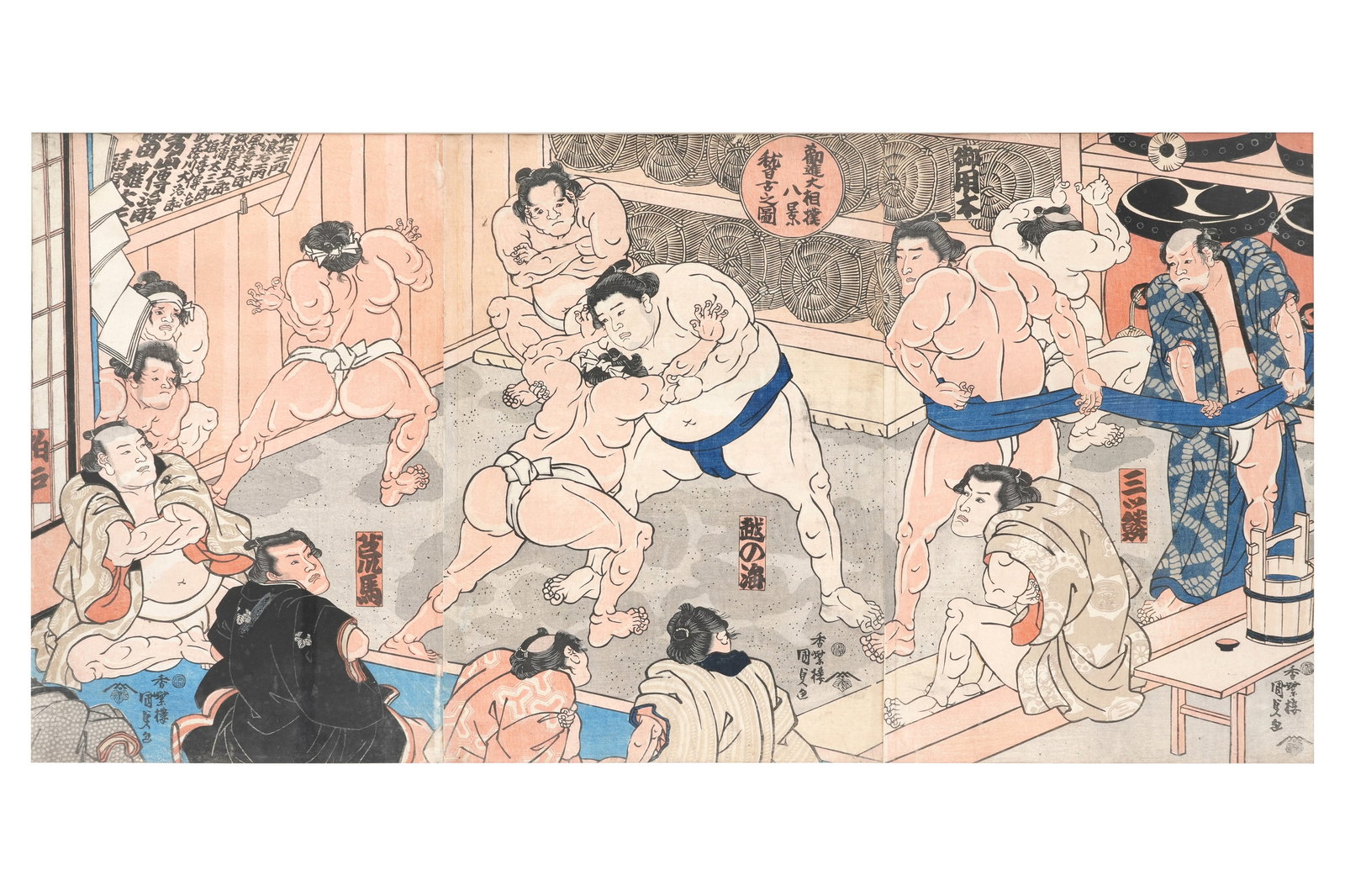 UTAGAWA KUNISADA I (1786-1865) 19th century: UTAGAWA KUNISADA I (1786-1865) 19th century A Japanese woodblock print triptych in oban tate-e, from the series Eight Views of K