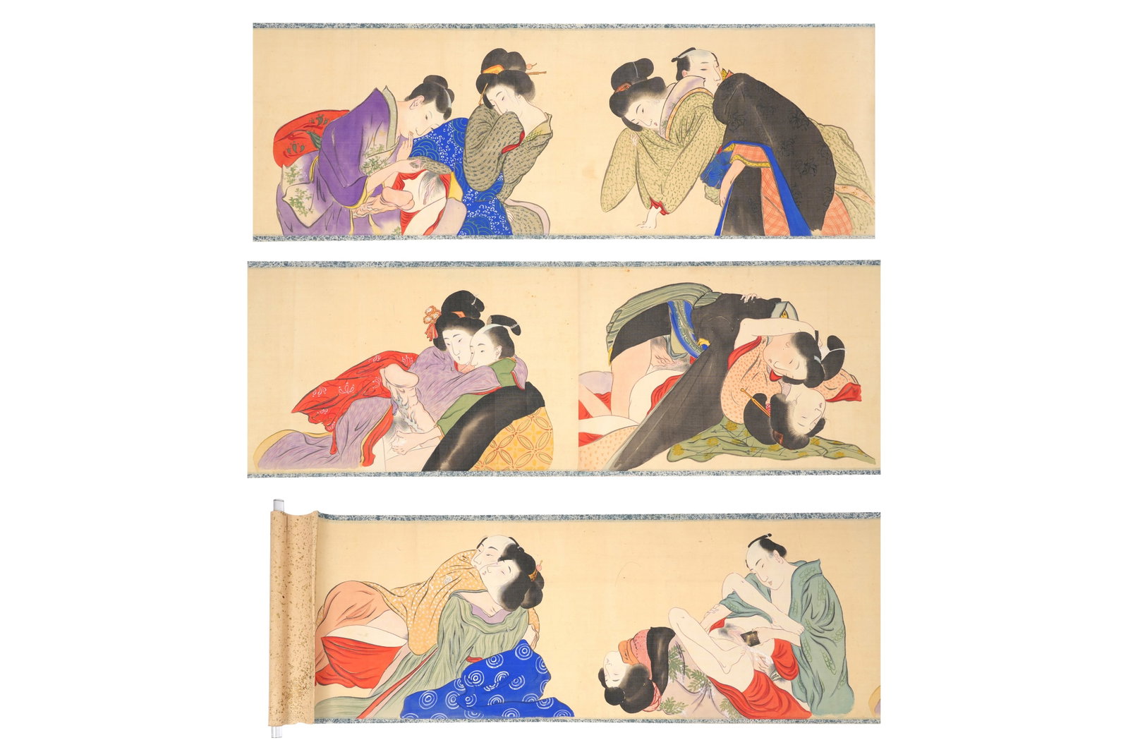 A JAPANESE SHUNGA HANDSCROLL PAINTING Early 20th century: A JAPANESE SHUNGA HANDSCROLL PAINTING Early 20th century Including six erotic scenes, in ink and colour on silk 256cm x 28.5cm Provenance: a private London collection