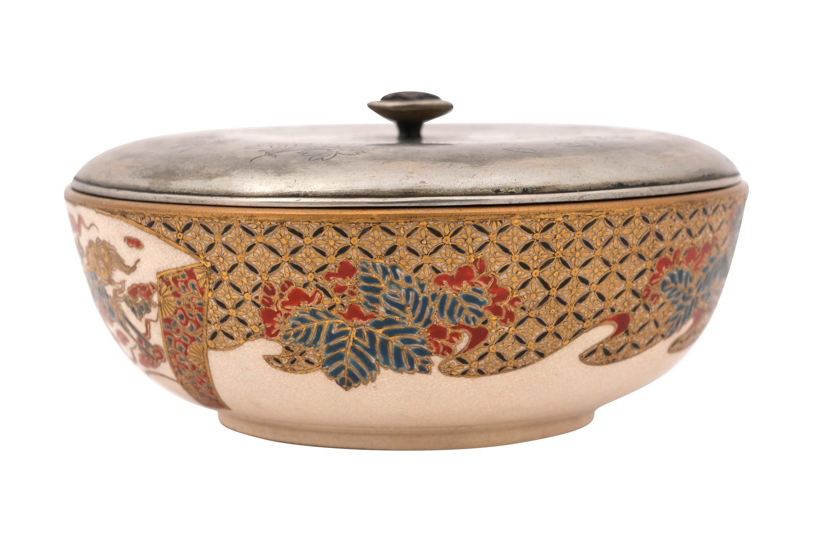 A JAPANESE GOSU SATSUMA BOWL Meiji period: A JAPANESE GOSU SATSUMA BOWL Meiji period The rounded body on a low foot painted to the exterior with a scroll featuring chrysnathemums and a fan with an image of a kirin against a cash ground with pa