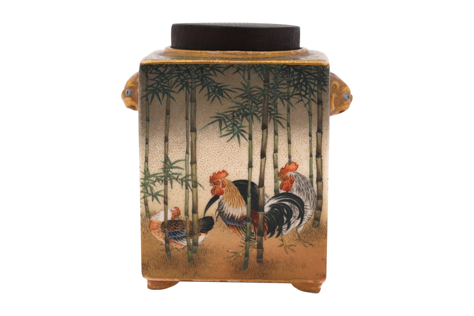 A JAPANESE SATSUMA MINIATURE 'CHICKENS' TEA CADDY, KINKOZAN WORKSHOP Meiji period: A JAPANESE SATSUMA MINIATURE 'CHICKENS' TEA CADDY, KINKOZAN WORKSHOP Meiji period Of square-section, resting on four short feet, set with two gilt lion head handles, the sides painted in great detail 