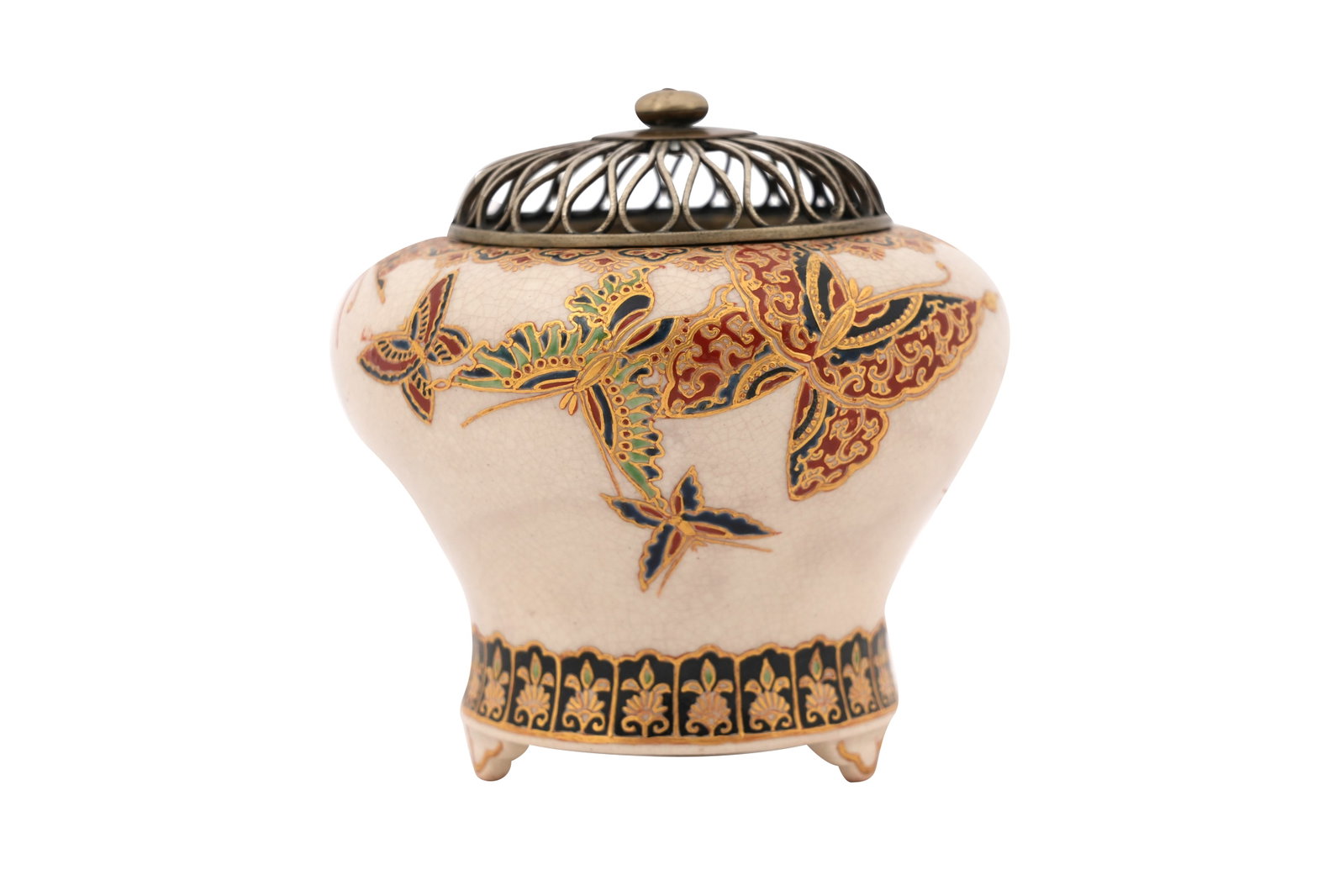 A JAPANESE GOSU SATSUMA INCENSE BURNER AND COVER Meiji period: A JAPANESE GOSU SATSUMA INCENSE BURNER AND COVER Meiji period The baluster-form body supported on three ruyi-head feet, painted around the foot with stylised lappets, rising to a rounded shoulder pain