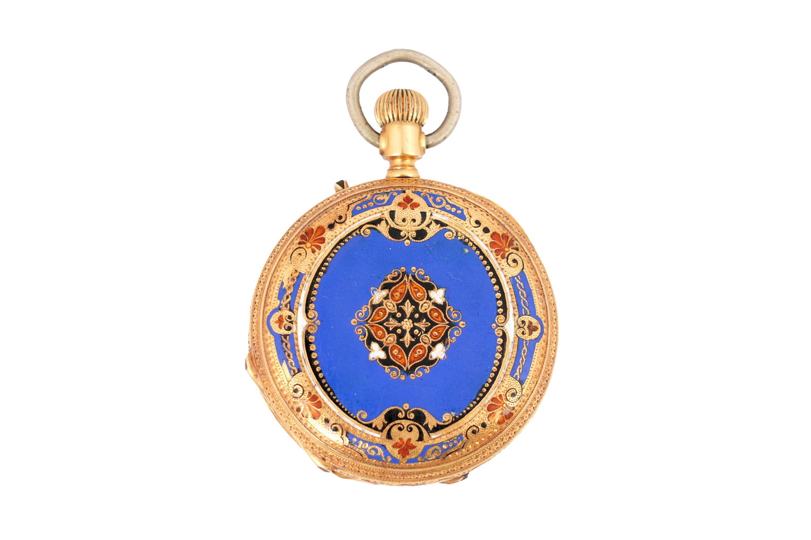 A SWISS 18CT GOLD AND ENAMEL FULL HUNTER FOB WATCH Switzerland, for the Turkish market: A SWISS 18CT GOLD AND ENAMEL FULL HUNTER FOB WATCH Switzerland, for the Turkish market Produced for the Turkish market, the detached enamel white dial with Arabic numerals, railroad minute track and s