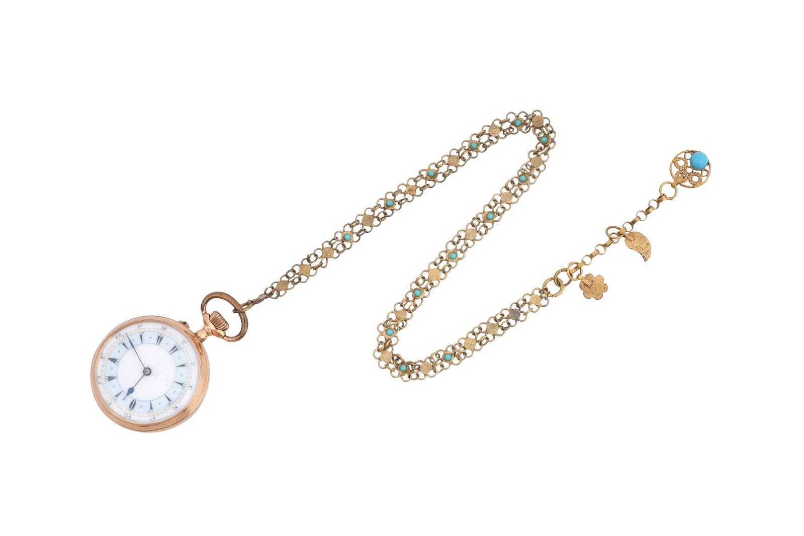 A 14CT GOLD DOUBLE FACED KEYLESS WIND POCKET WATCH 19th century: A 14CT GOLD DOUBLE FACED KEYLESS WIND POCKET WATCH 19th century On one side a white enamel dial with blued hands and a pale blue chapter ring with Ottoman numerals, within a minute track with gilt gra
