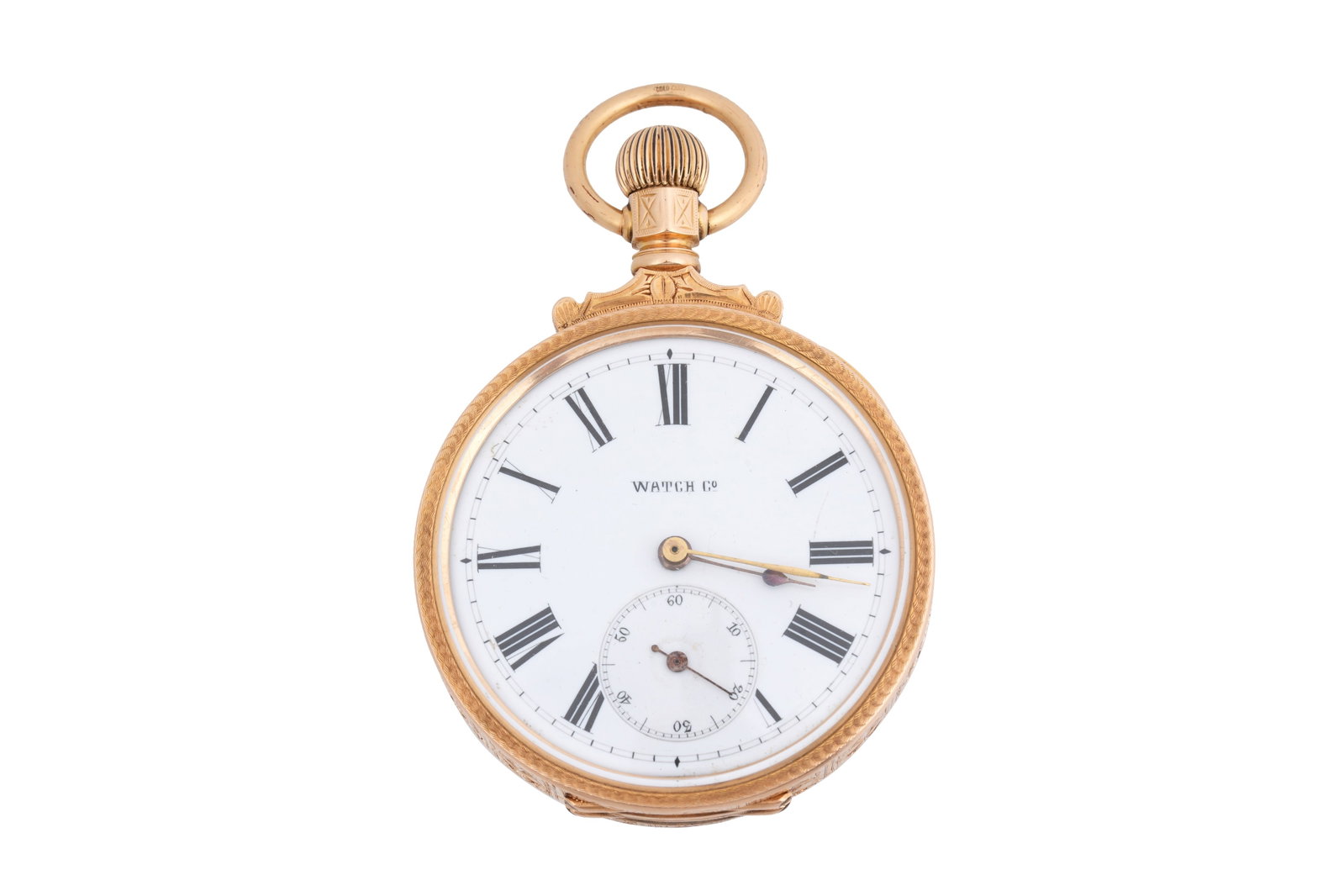 AN 18CT GOLD AMERICAN WATCH CO. OPEN FACED KEYLESS WIND POCKET WATCH c.1900: AN 18CT GOLD AMERICAN WATCH CO. OPEN FACED KEYLESS WIND POCKET WATCH c.1900 The white enamel dial with Roman numerals, railroad minute track, gilt minute hand and subsidiary seconds dial, inscribed 'W