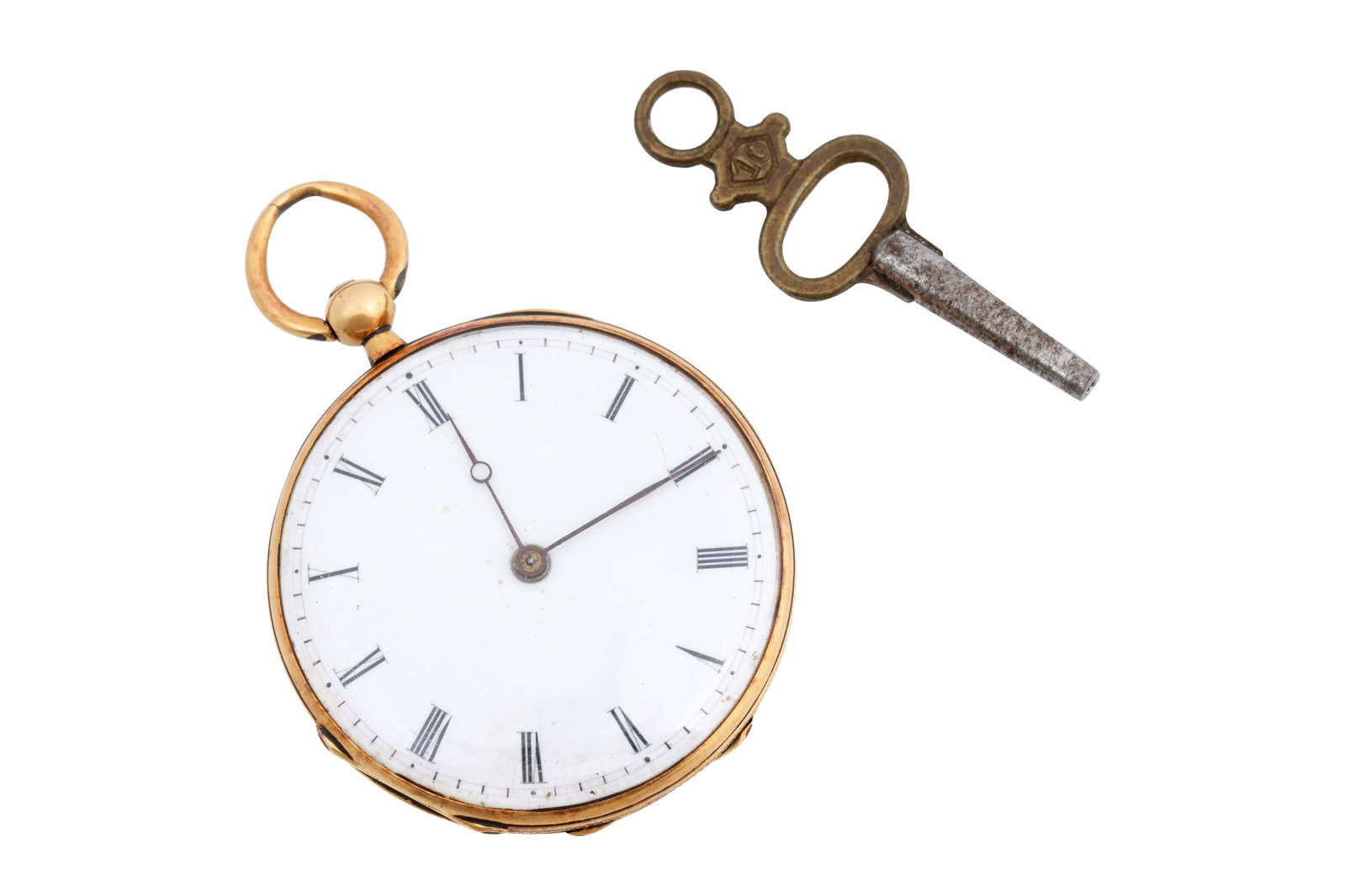 A FRENCH 9CT GOLD OPEN FACED KEY WOUND POCKET WATCH 19th century: A FRENCH 9CT GOLD OPEN FACED KEY WOUND POCKET WATCH The white enamel dial with Roman numerals and a railroad minute track, decorated verso in blue enamel with repeating fleur-de-lis motifs, the interi