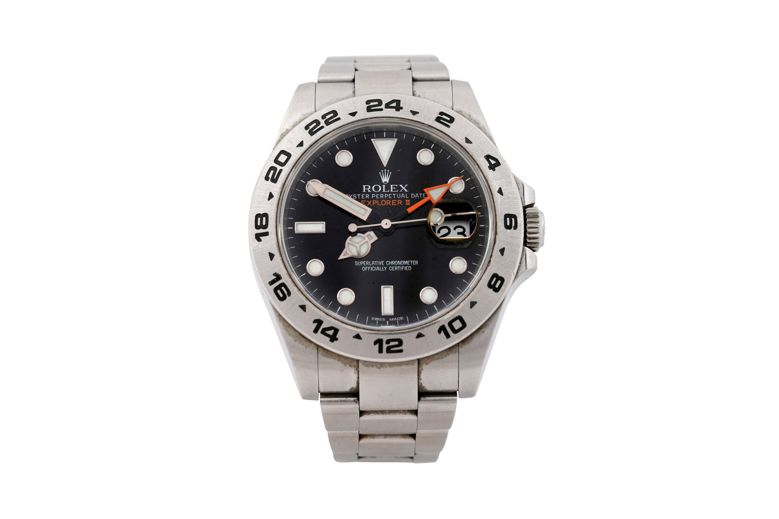 A ROLEX OYSTER PERPETUAL DATE EXPLORER II STAINLESS STEEL BRACELET WATCH 2013: A ROLEX OYSTER PERPETUAL DATE EXPLORER II STAINLESS STEEL BRACELET WATCH Ref. '216570', no. '09P40610', made circa 2013, with GMT function and calibre 3187 movement, the black dial with 'Mercedes' han