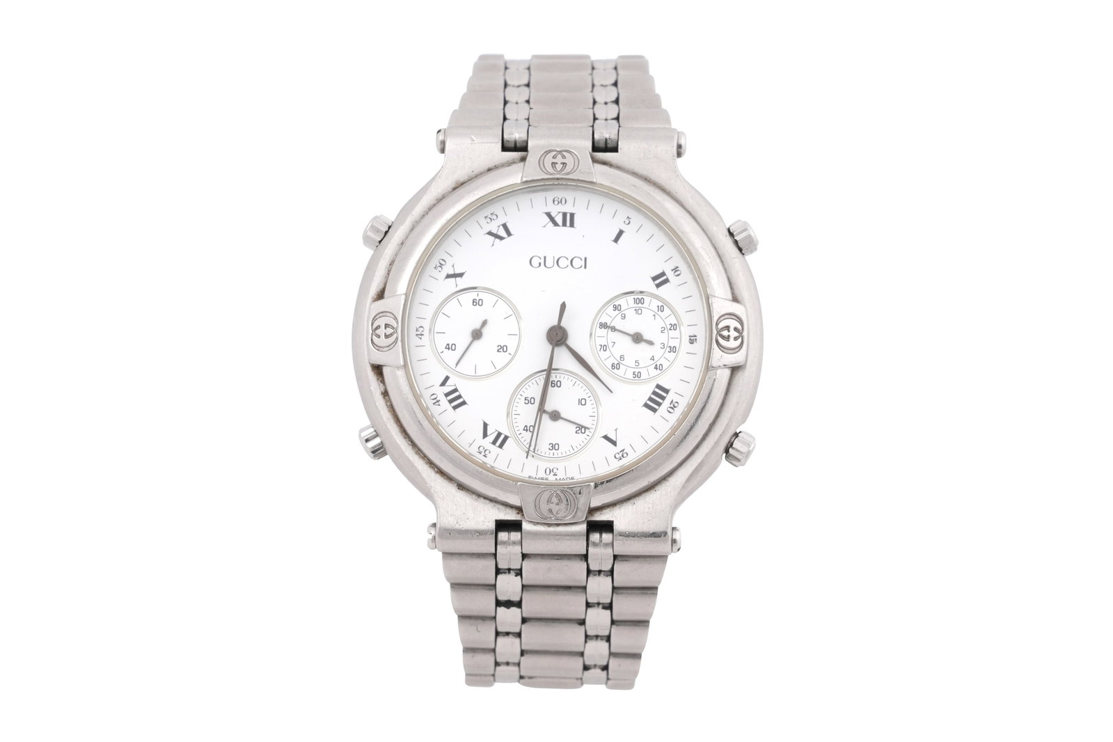 LOT WITHDRAWN GUCCI MODEL 9300 STAINLESS STEEL CHRONOGRAPH BRACELET WATCH WITH ORIGINAL GUCCI: GUCCI MODEL 9300 STAINLESS STEEL CHRONOGRAPH BRACELET WATCH WITH ORIGINAL GUCCI TIMEPIECES POUCH Contemporary A Gucci Model 9300 stainless steel chronograph wristwa