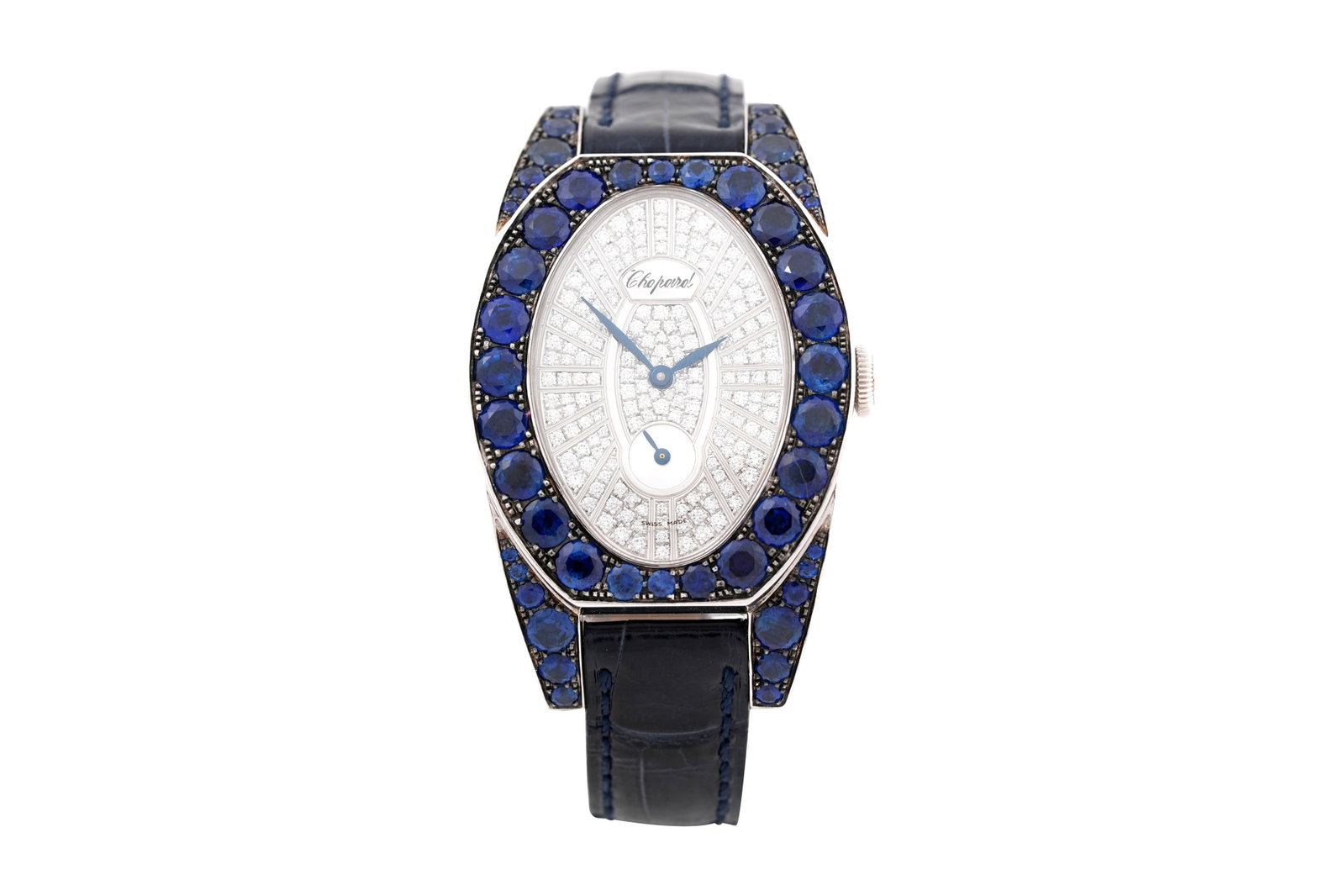 A CHOPARD 'CLASSIQUE FEMME' 18CT WHITE GOLD SAPPHIRE AND DIAMOND LADIES WRISTWATCH c.2010: A CHOPARD 'CLASSIQUE FEMME' 18CT WHITE GOLD SAPPHIRE AND DIAMOND LADIES WRISTWATCH c.2010 Ref. '13/7001-23', case no. '1143983 5292', with a quartz movement, the pavé set diamond face a central oval 