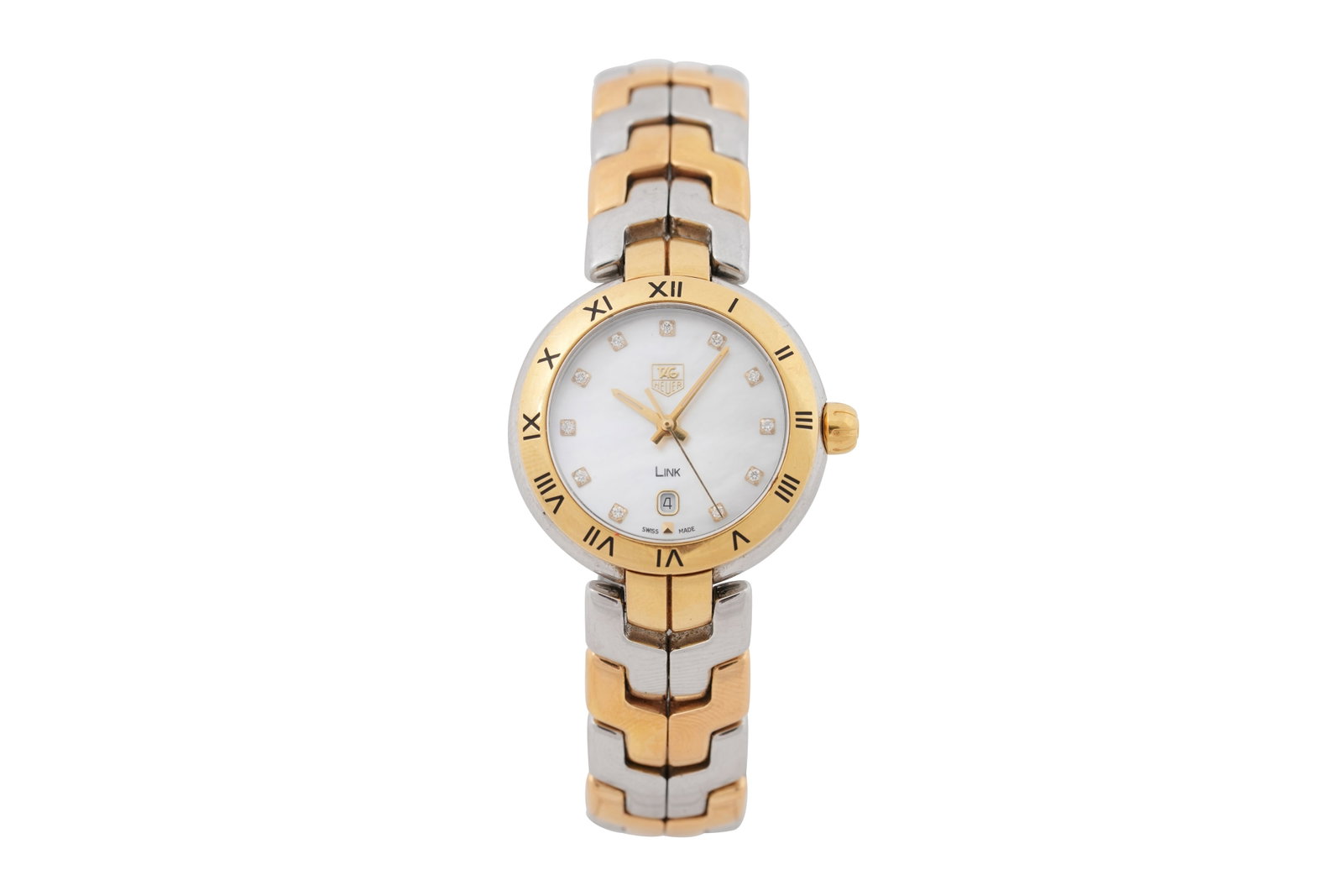A TAG HEUER LADIES LINK 18CT GOLD AND STEEL BRACELET WATCH WAT1453: A TAG HEUER LADIES LINK 18CT GOLD AND STEEL BRACELET WATCH The mother of pearl dial with diamond markers, date aperture and luminous hands, inscribed 'LINK' above the 6, within an 18ct gold bezel with